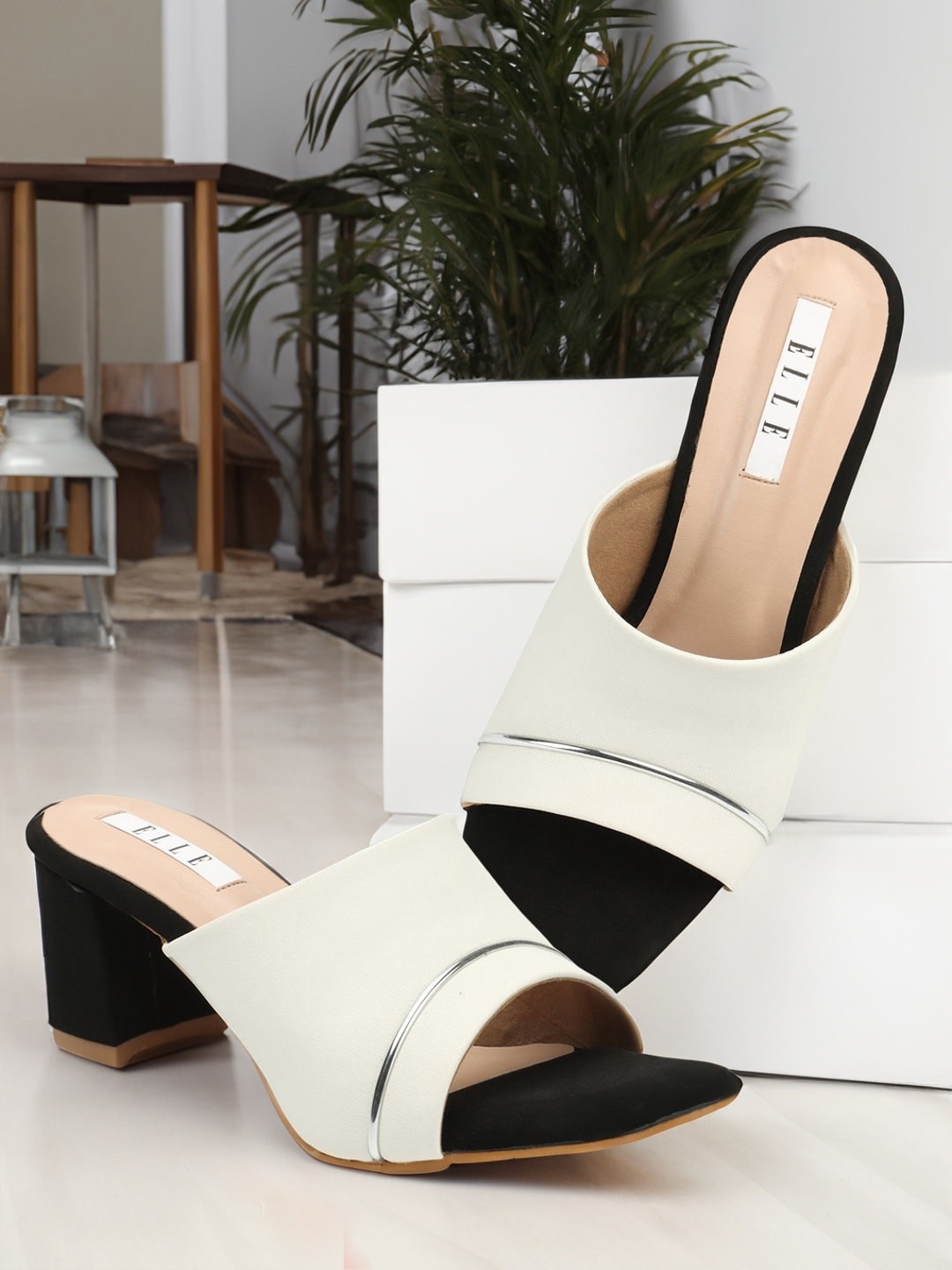 

ELLE Open Toe Block Heel Mules, White