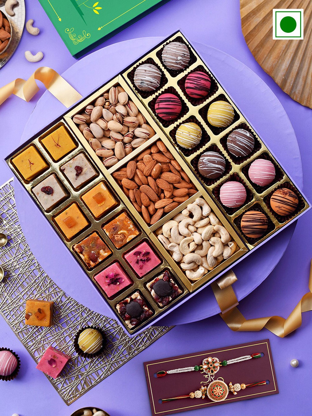 

RawFruit Set Of 2 Rakhi With Chocolate Sweets Dry Fruits Set, Purple