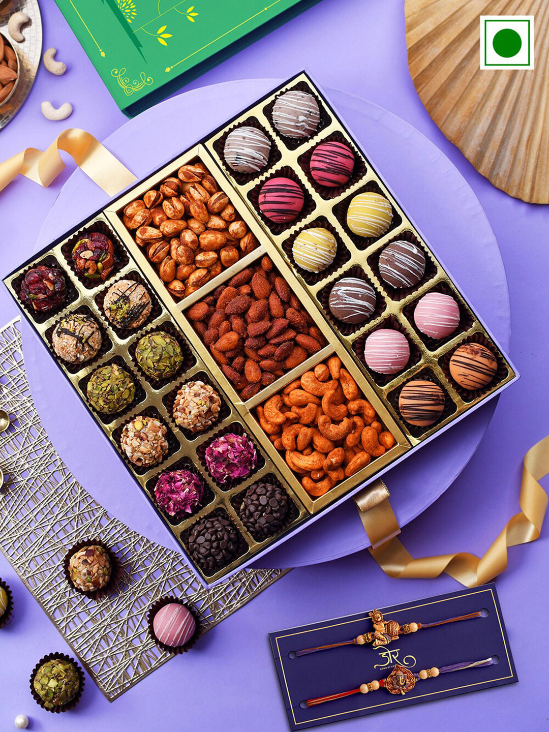 

RawFruit Set Of 2 Rakhi With Laddoo & Marzipan Balls with Roasted Dry Fruits Gift Set, Gold