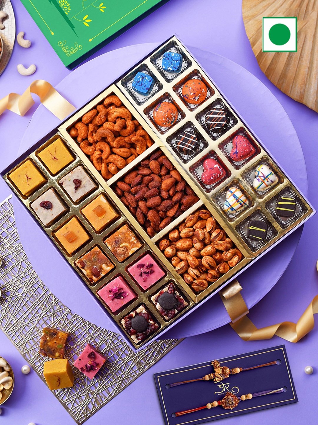 

RawFruit Fudge Chocolate And Roasted Dry Fruit With 2 Rakhis, Purple