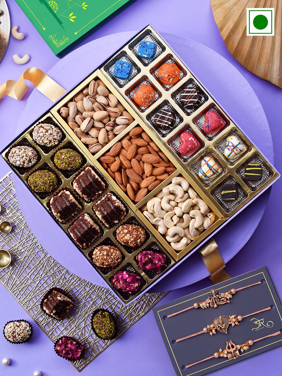 

RawFruit Set Of 3 Rakhi With Chocolate & Dry Fruits Gift Set, Rose gold