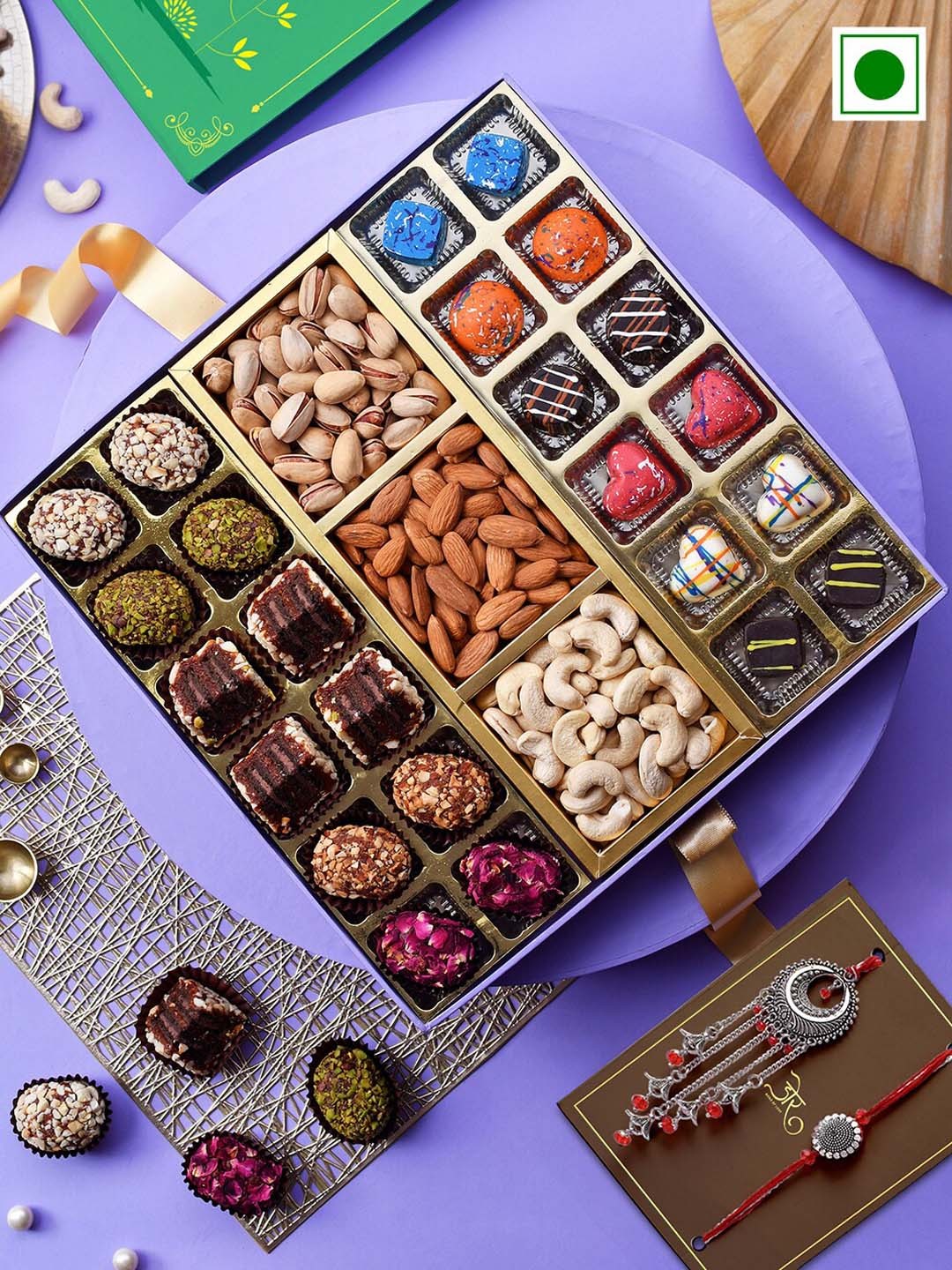 

RawFruit Dates Chocolate And Dry Fruit with 2 Bhai Bhabhi Rakhis, Red