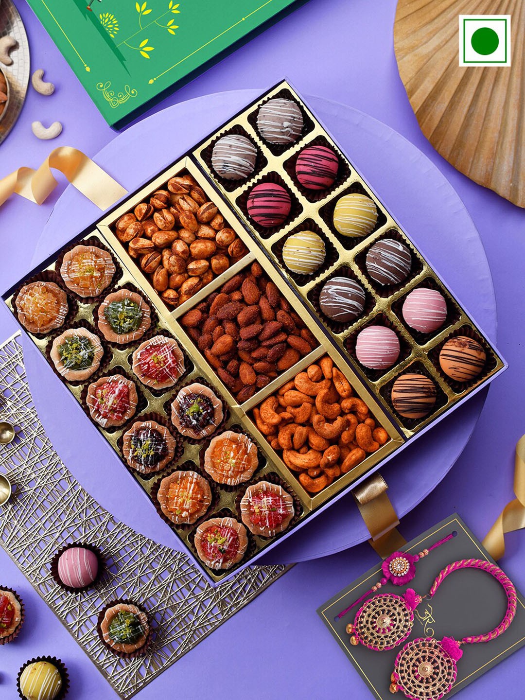 

RawFruit Set Of 2 Beaded Rakhi with Tarts & Marzipan Balls with Roasted Dry Fruit Gift Set, Gold