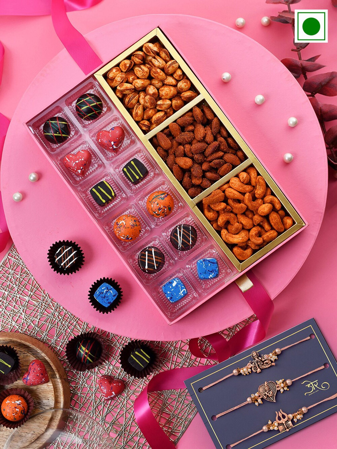 

RawFruit Set of 3 Rakhi with Chocolate with Roasted Dry Fruit Gift Set, Rose gold