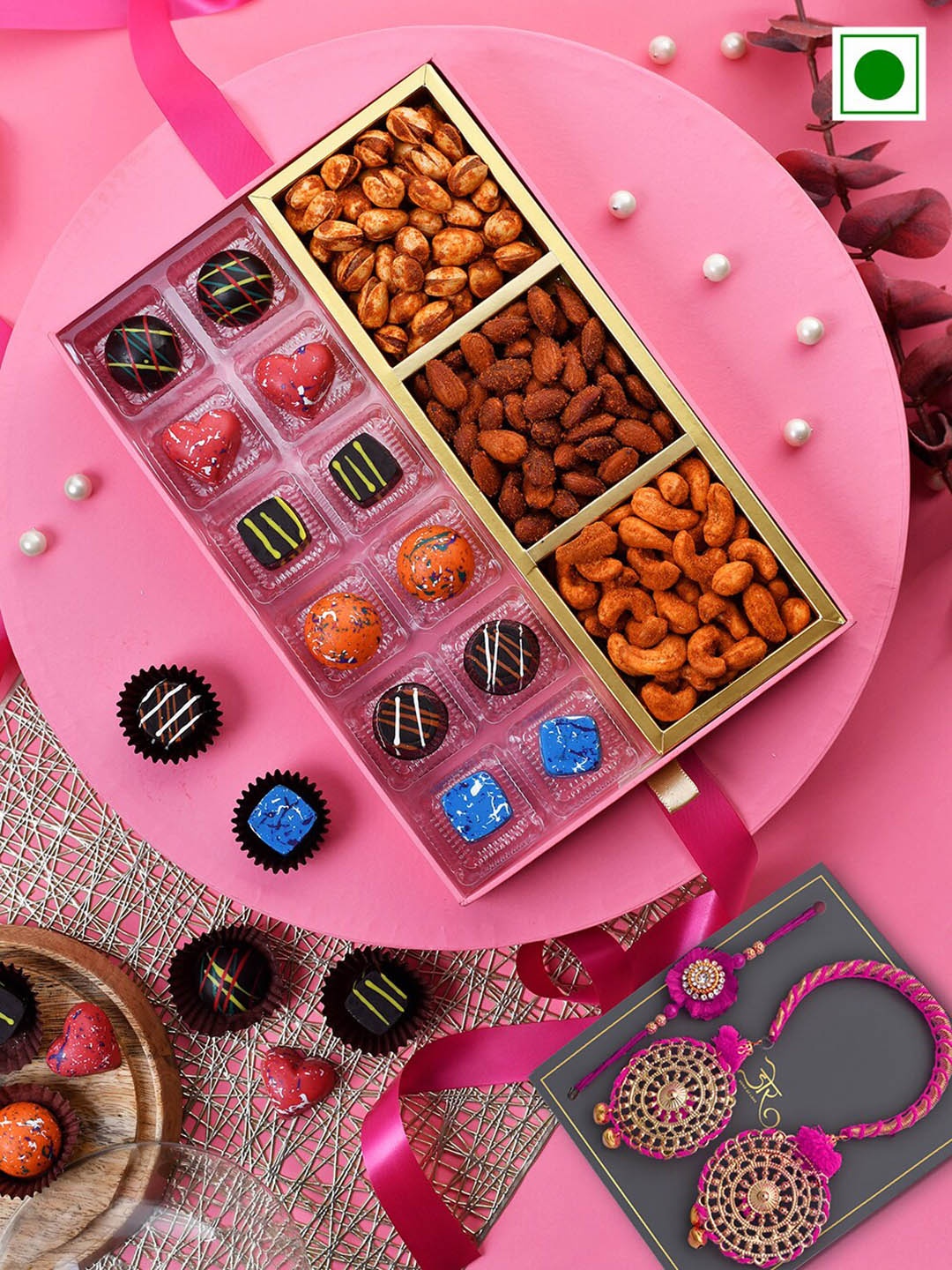 

RawFruit Set Of 2 Beaded Rakhi with Chocolates & Roasted Dry Fruit Gift Set, Gold