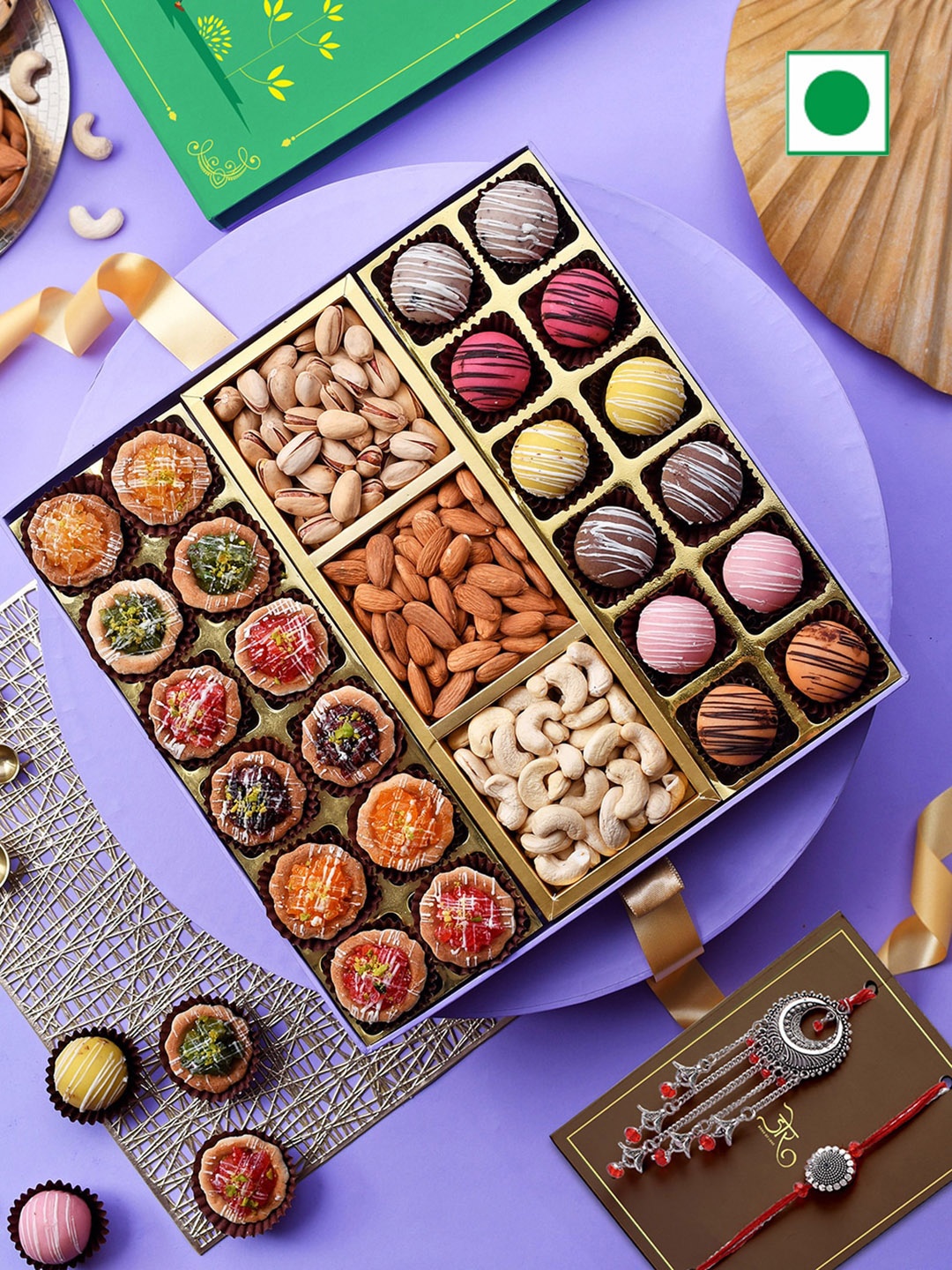 

RawFruit Tarts Marjipan Balls And Dryfruit With 2 Rakhi, Purple