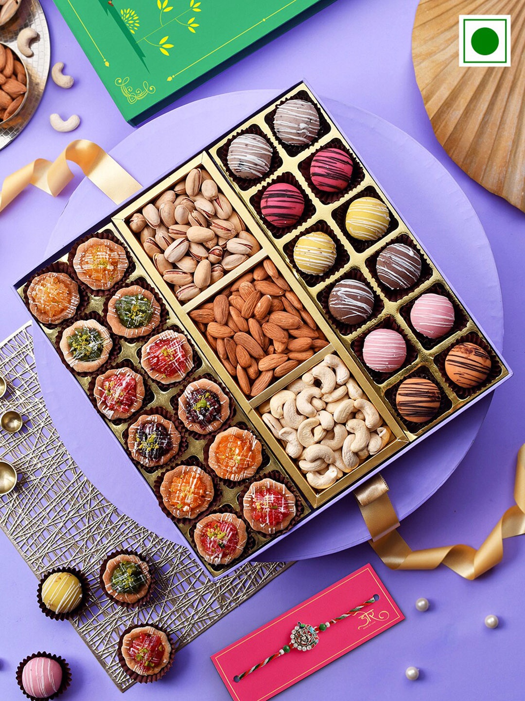 

RawFruit Stone Studded Rakhi With Tarts Marjipan & Dry Fruit Gift Set, Silver