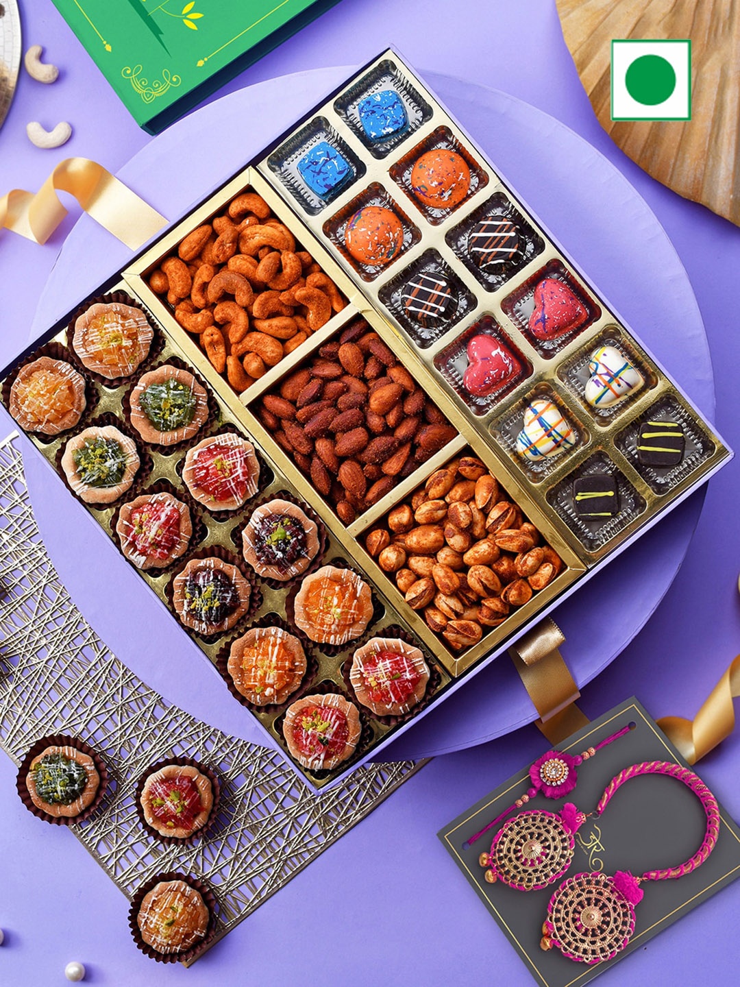 

RawFruit Tarts Chocolate And Roasted Dry Fruit With 2 Bhai Bhabhi Rakhis, Pink