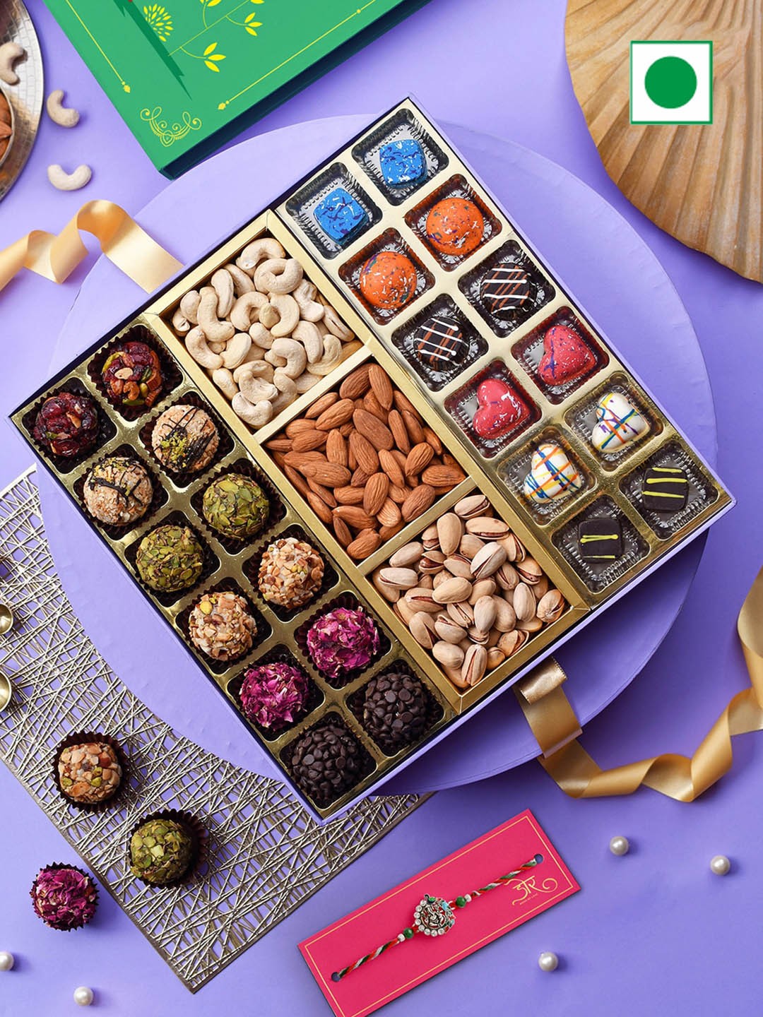 

RawFruit Stone Studded Rakhi With Laddu Chocolate & Dry Fruit Gift Set, Red