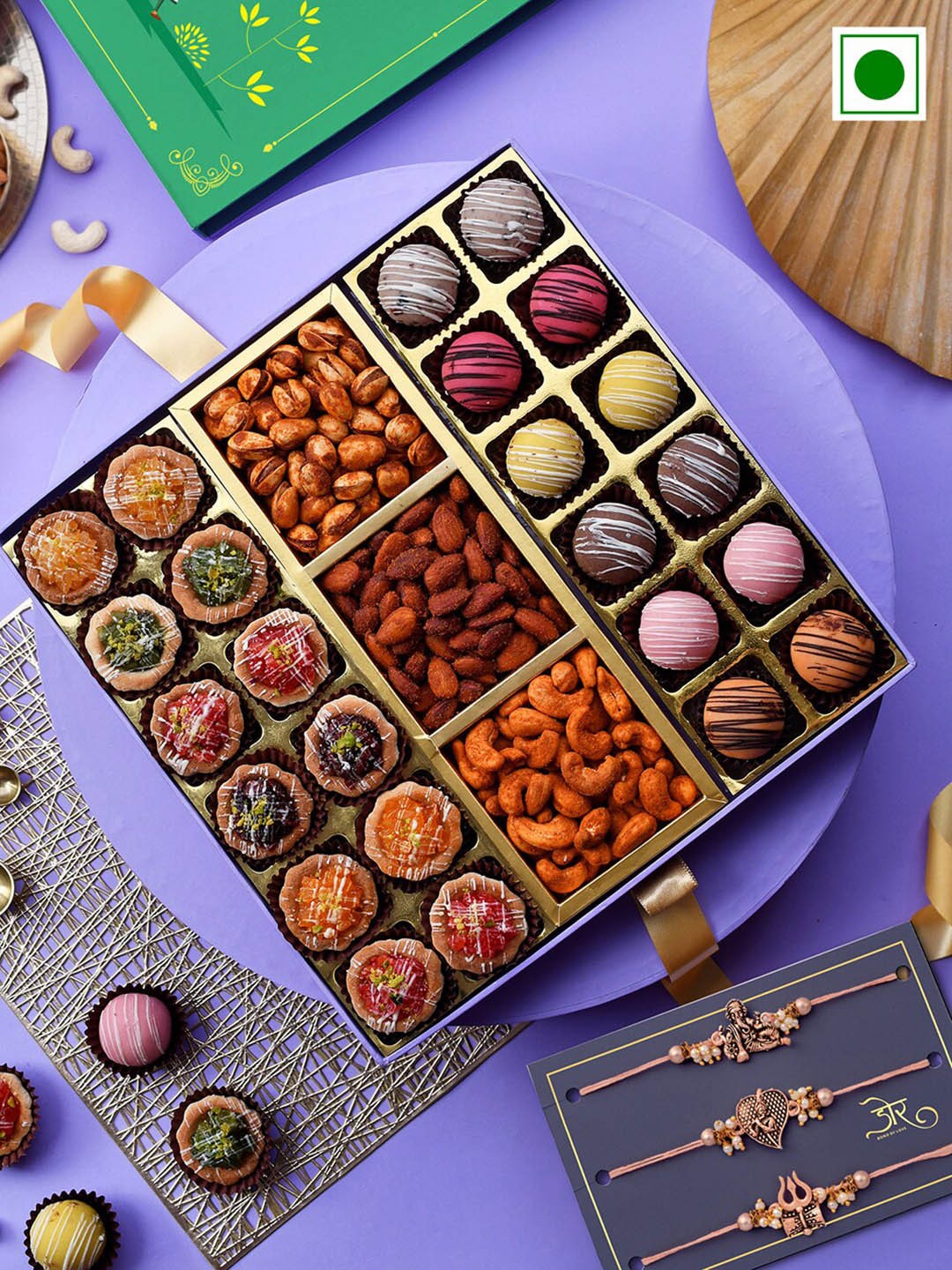 

RawFruit Set Of 3 Beaded Rakhi with Tarts & Marzipan Balls with Roasted Dry Fruit Gift Set, Rose gold