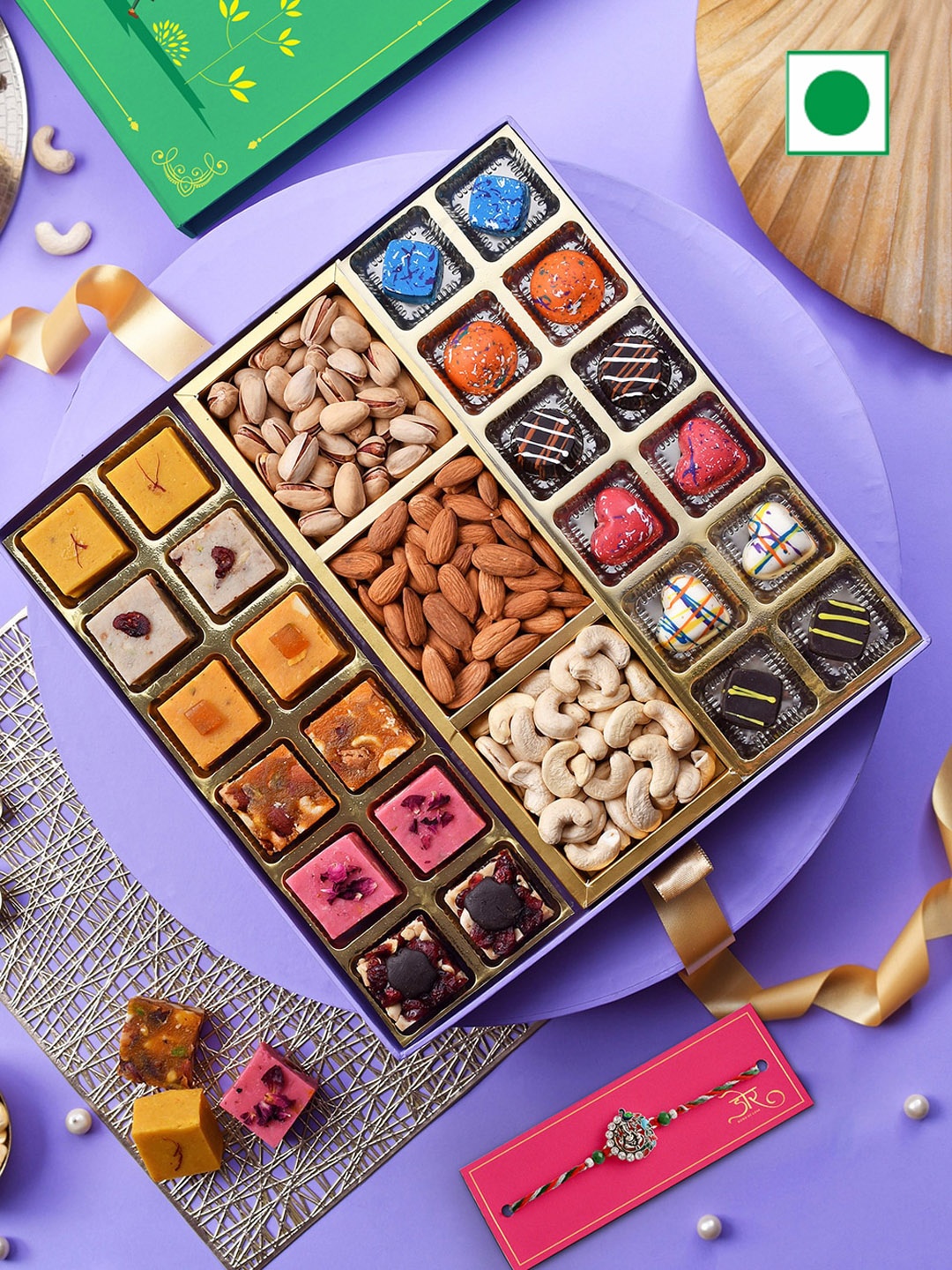 

RawFruit Stone Studded Rakhi With Fudge Chocolate & Dry Fruit Gift Set, Red