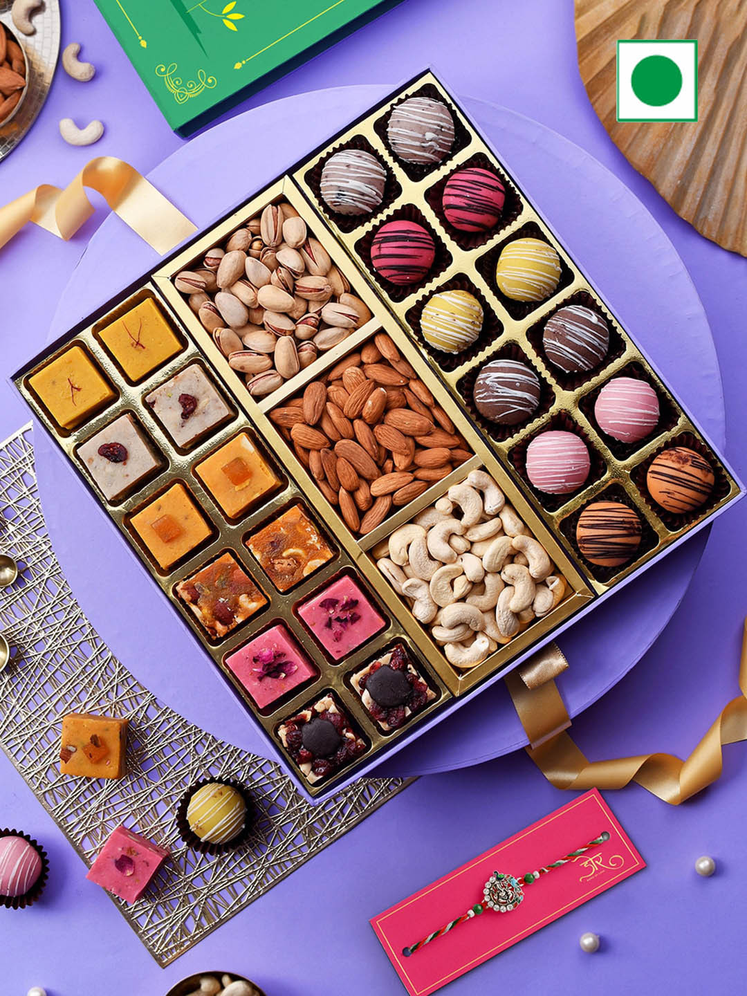 

RawFruit Stone Studded Rakhi With Fudge Marjipan & Dry Fruit Gift Set, Red