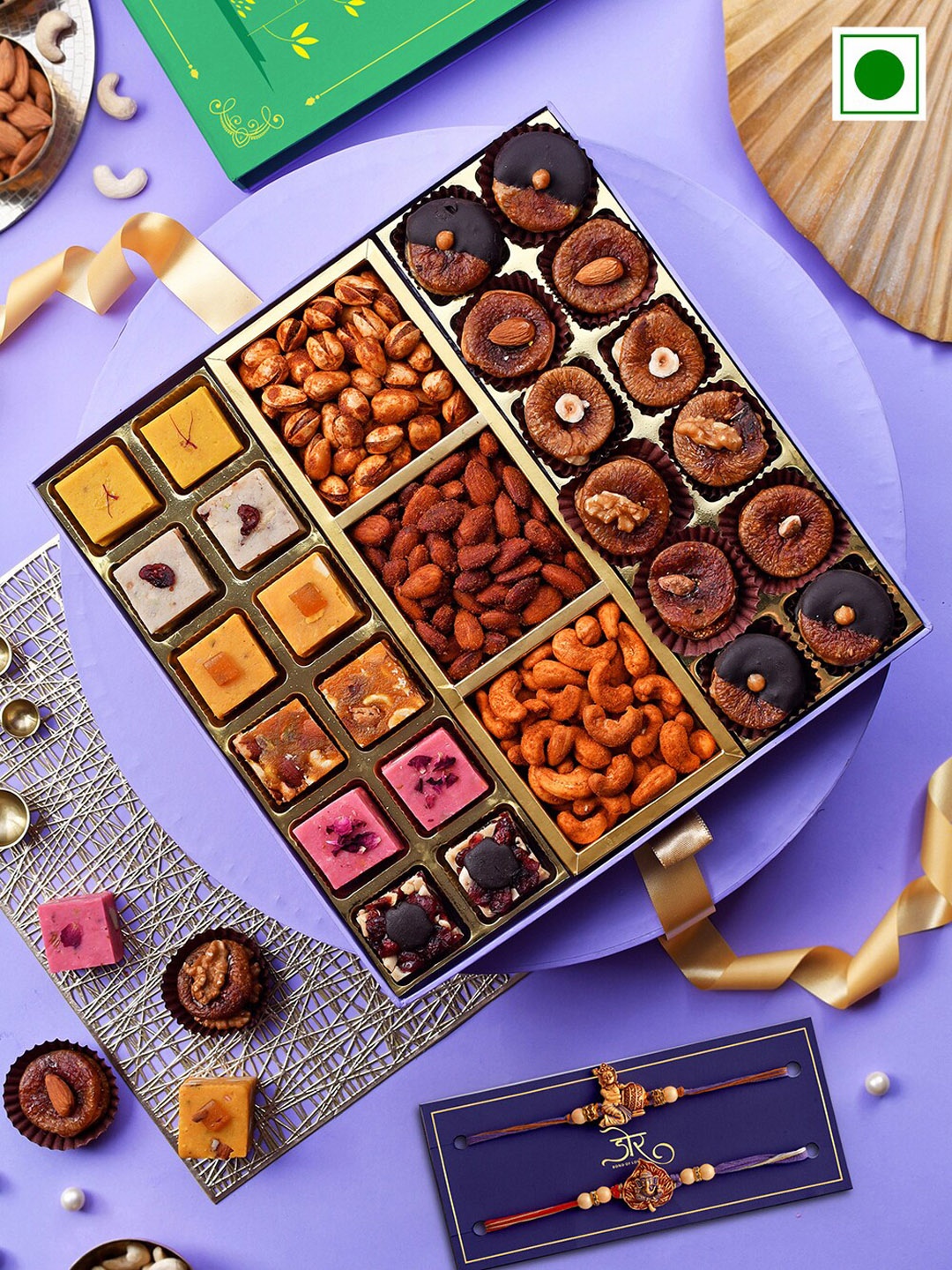 

RawFruit Fudge Figs And Roasted Dry Fruit With 2 Rakhis, Gold