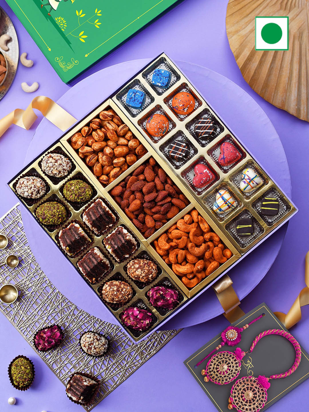 

RawFruit Barrels Chocolate And Roasted Dry Fruit With 2 Bhai Bhabhi Rakhis, Pink