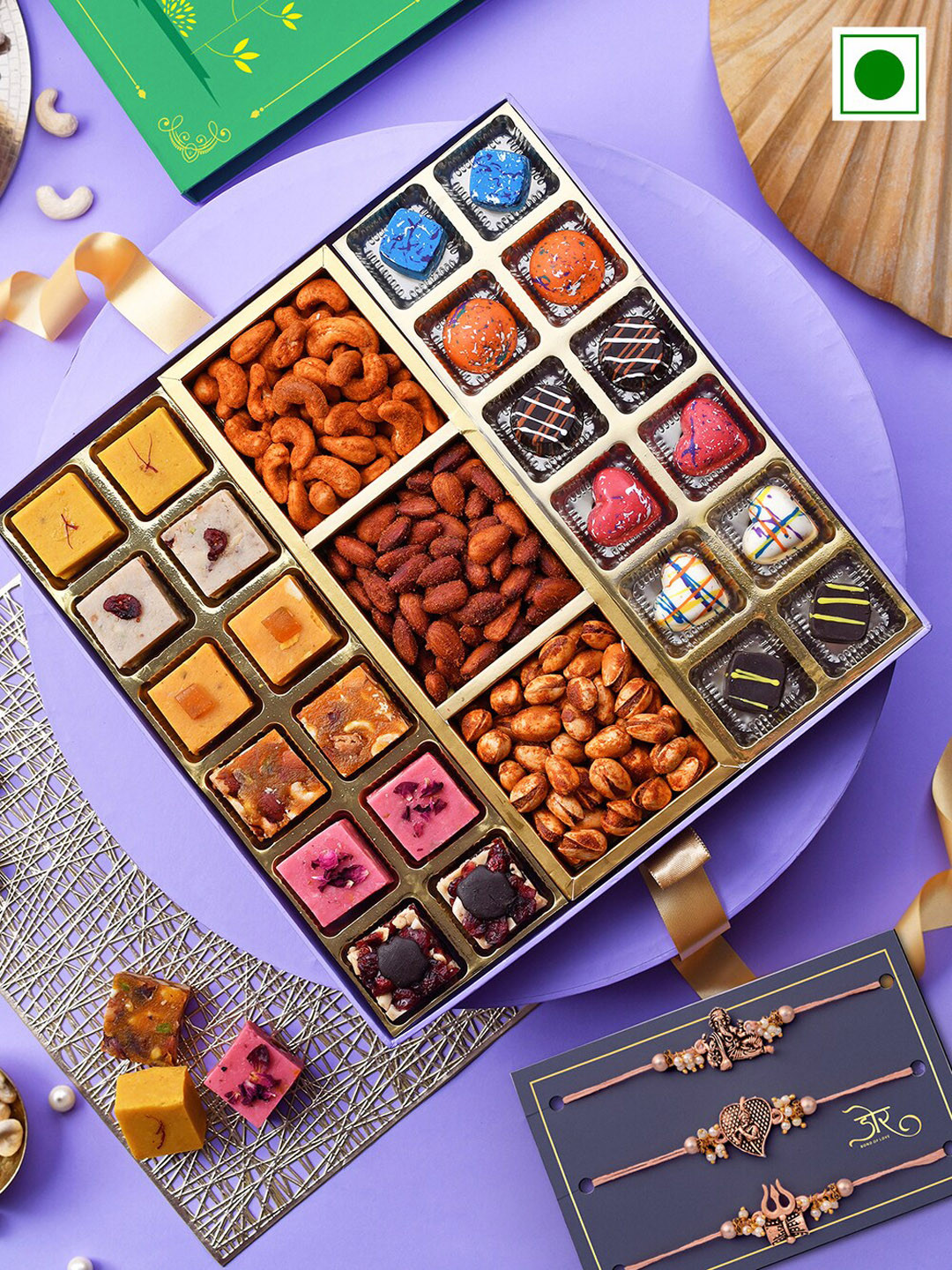 

RawFruit Set of 3 Rakhi with Fudge & Chocolate with Roasted Dry Fruit Gift Set, Rose gold