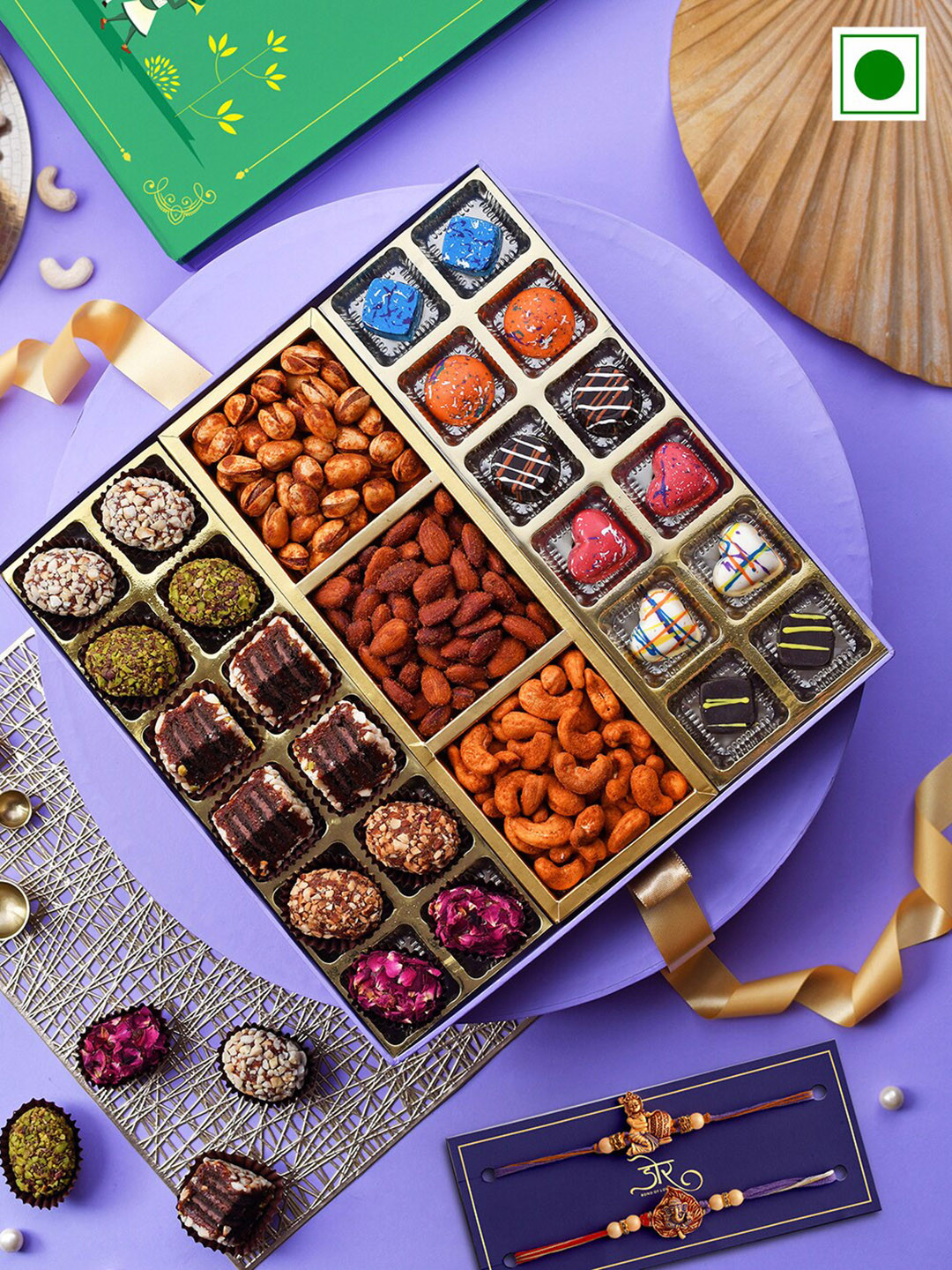 

RawFruit Set Of 2 Beaded Rakhi With Barrels, Chocolate & Roasted Dry Fruit Gift Set-800gms, Purple