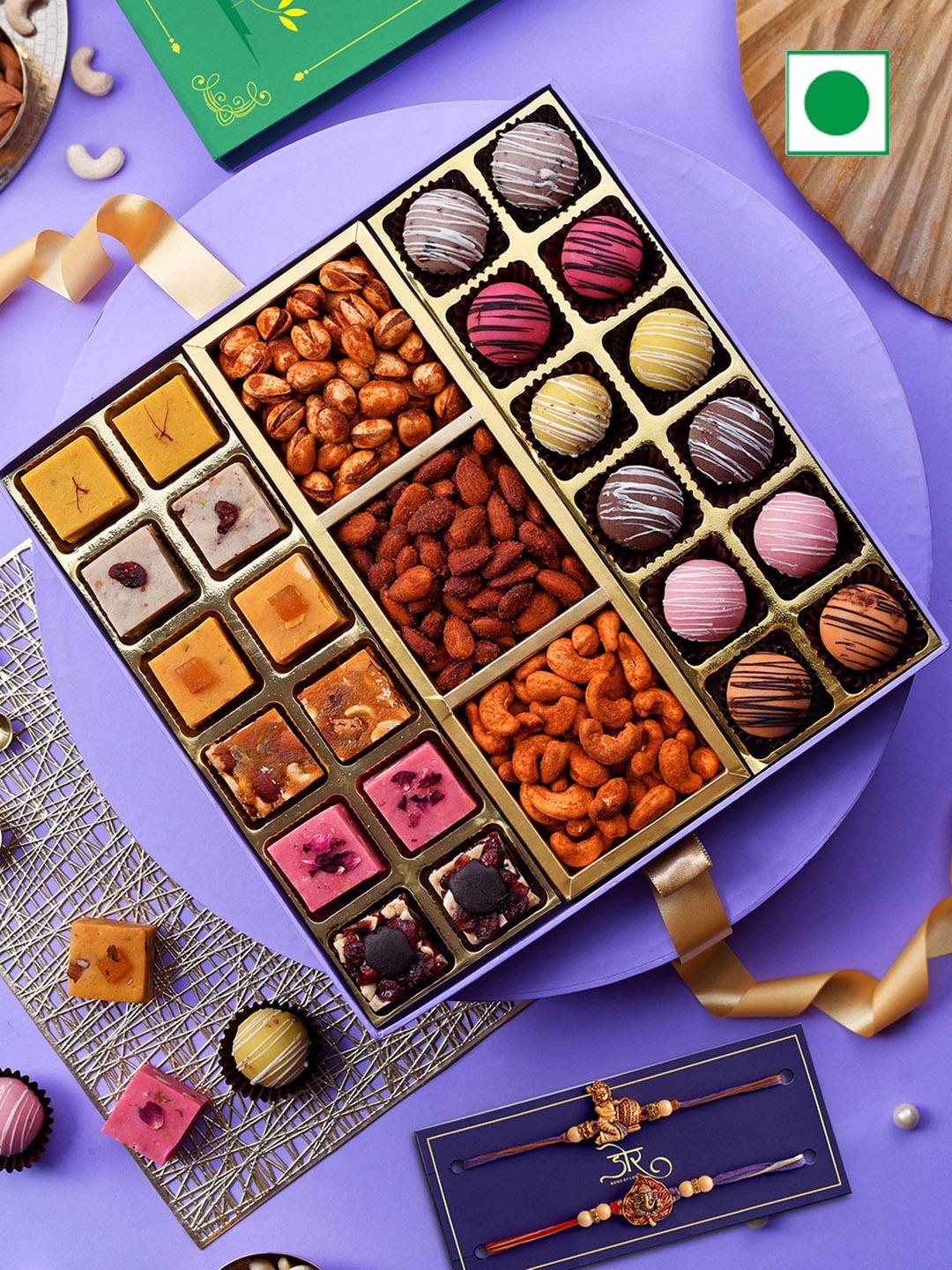 

RawFruit Fudge Marjipan And Roasted Dry Fruit With 2 Rakhis, Gold