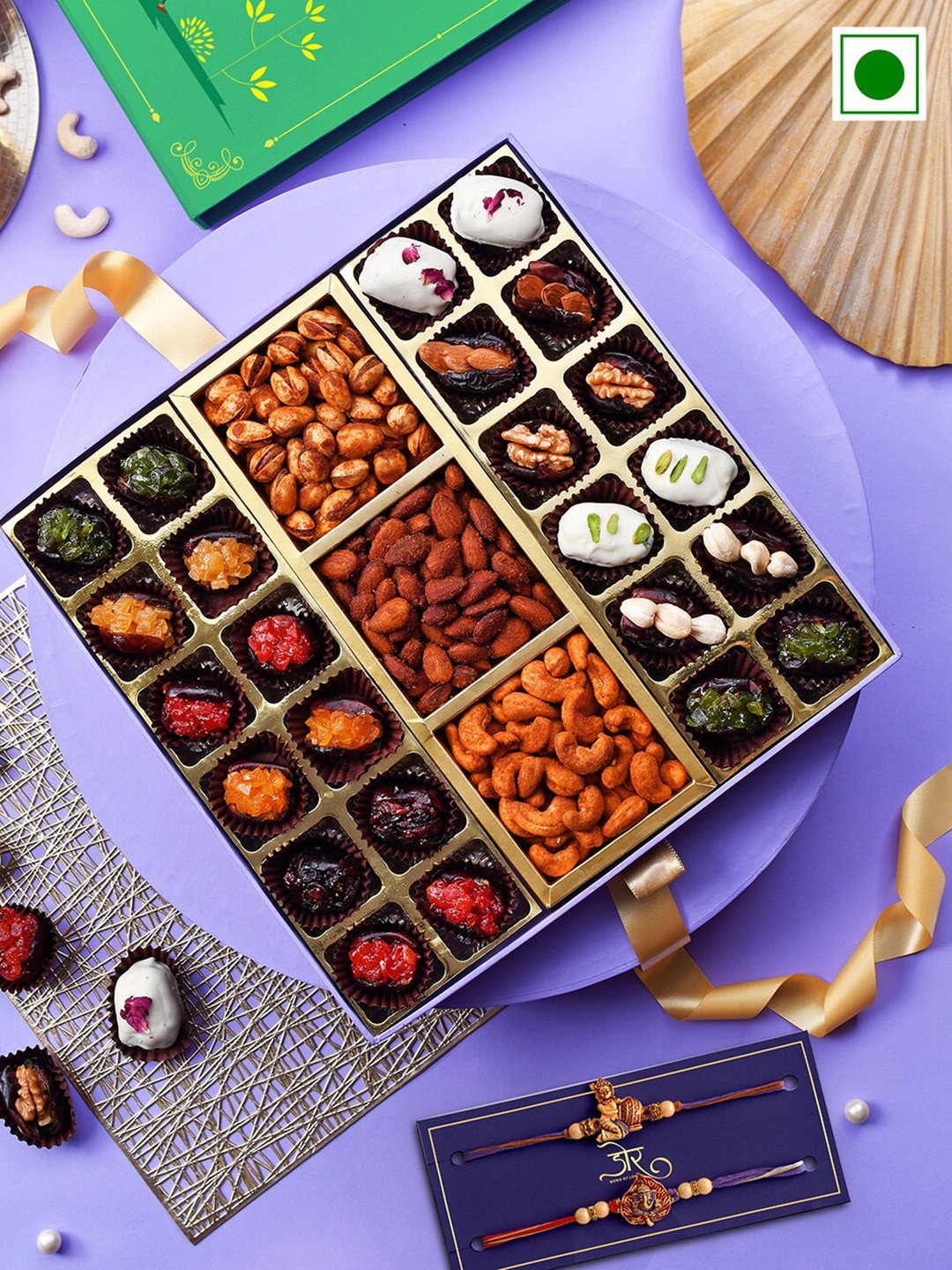 

RawFruit Artisanal Dates and Roasted Dry Fruit With 2 Rakhis, Gold