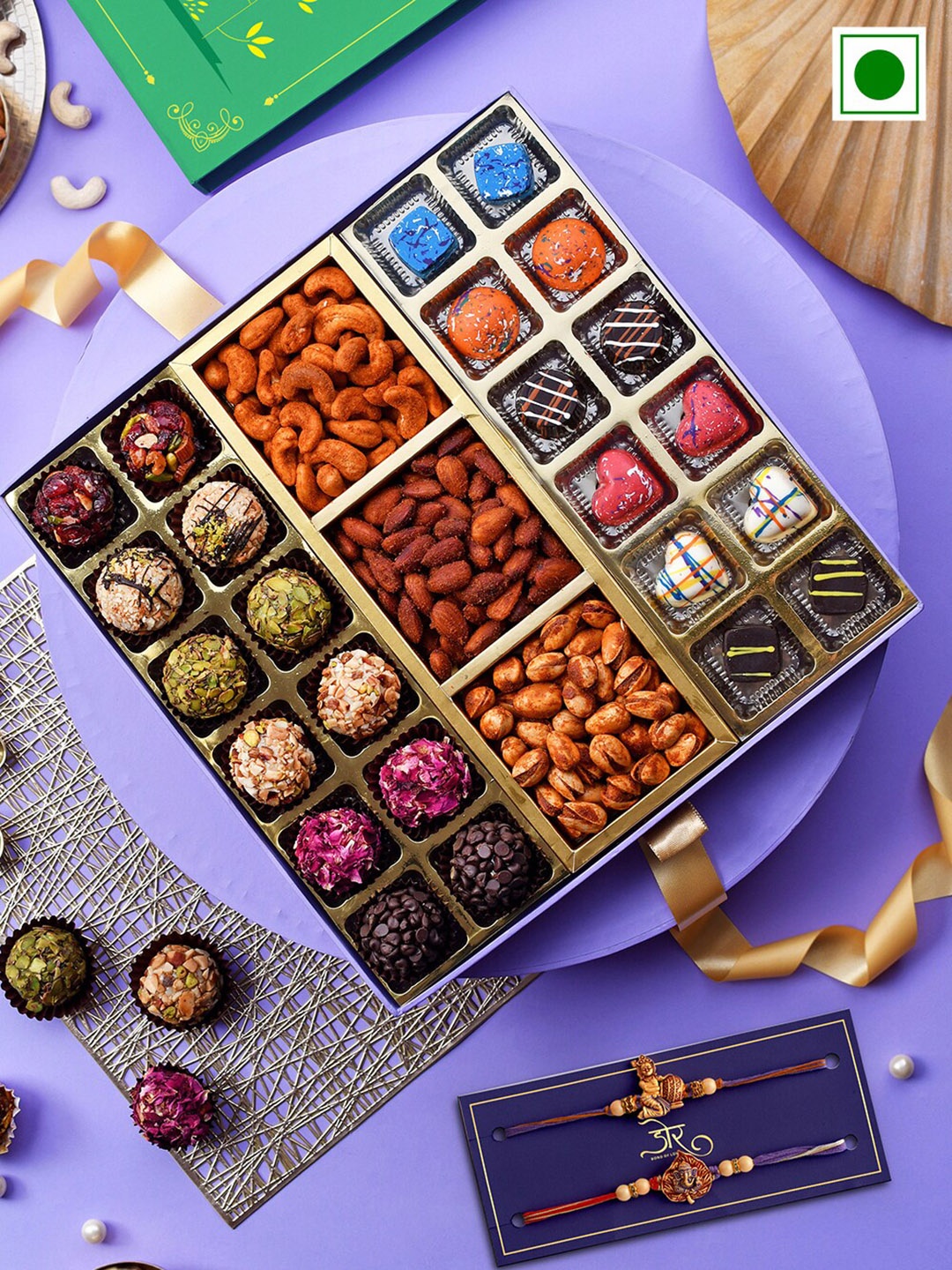 

RawFruit Laddu Chocolate And Roasted Dry Fruit with 2 Rakhis, Gold