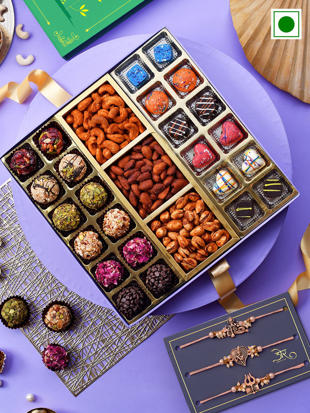 

RawFruit Set Of 3 Beaded Rakhi with Tarts & Chocolate with Roasted Dry Fruit Gift Set, Rose gold