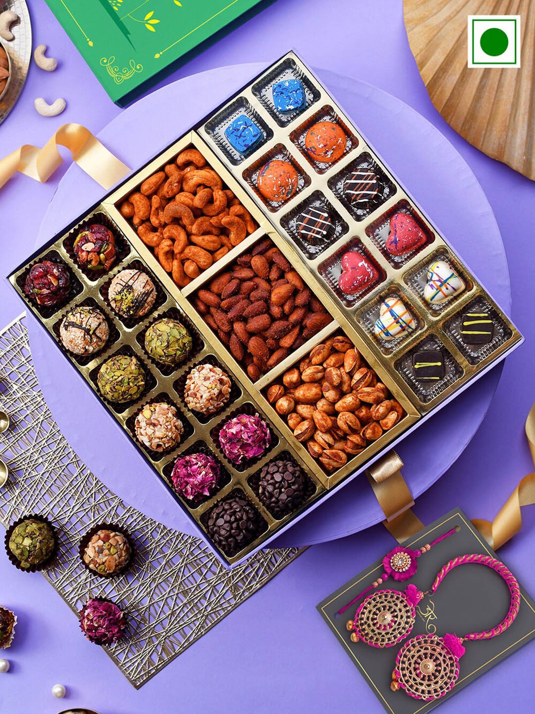 

RawFruit Set Of 3 Beaded Rakhi with Tarts & Chocolate with Roasted Dry Fruit Gift Set, Gold
