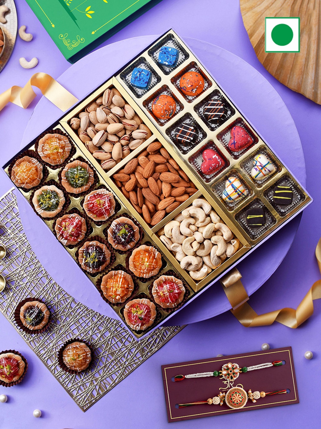 

RawFruit Tarts Chocolate & Dry Fruit with 2 Rakhi, Orange