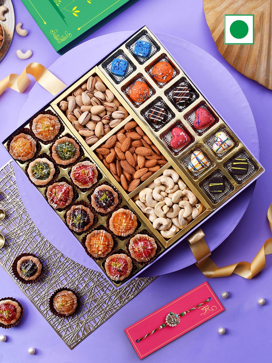 

RawFruit Tarts Chocolate And Dry Fruit With Rakhi 800gms, Red