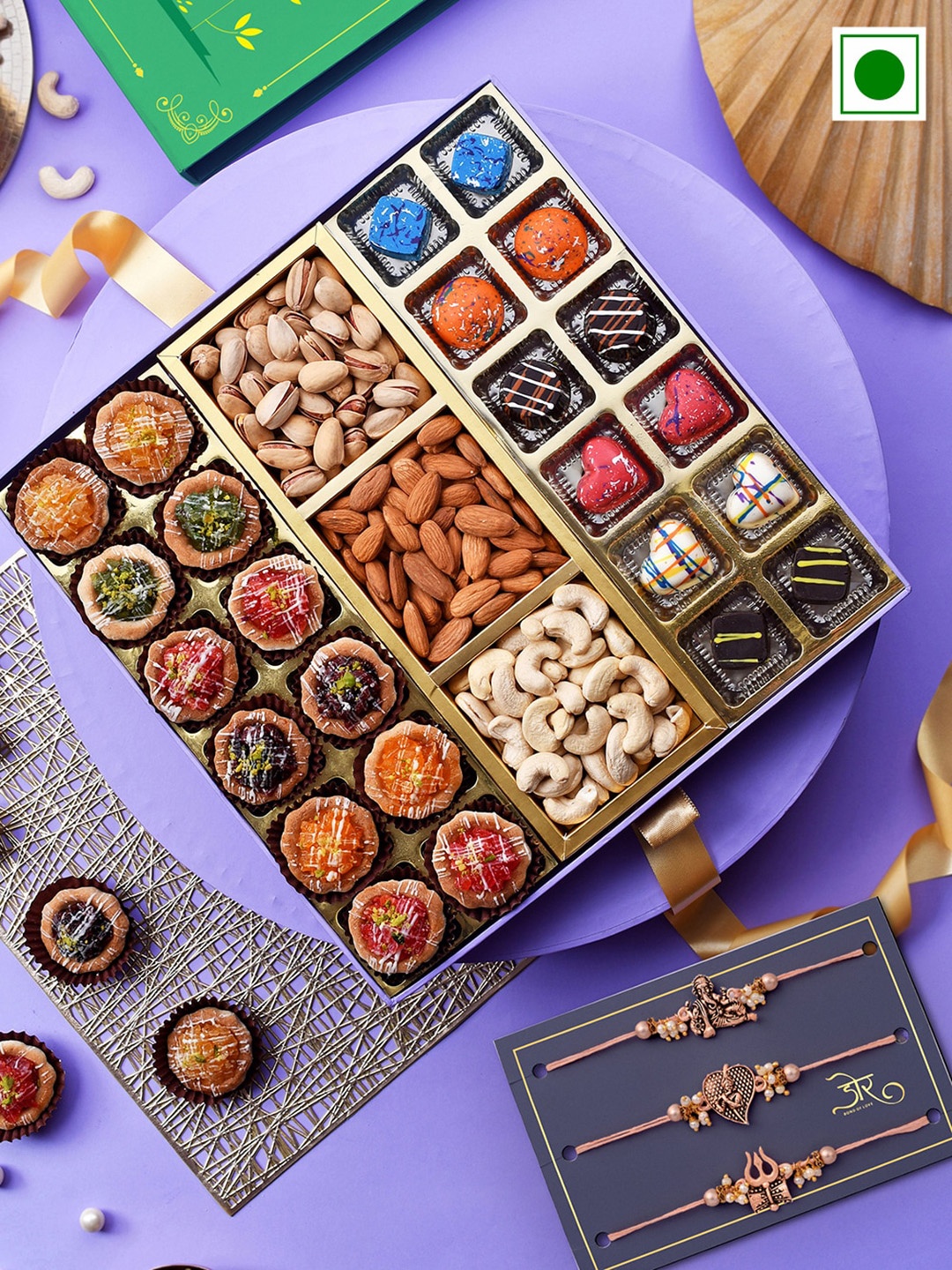 

RawFruit Set Of 3 Beaded Rakhi With Dry Fruits Gift Set-800gms, Multi