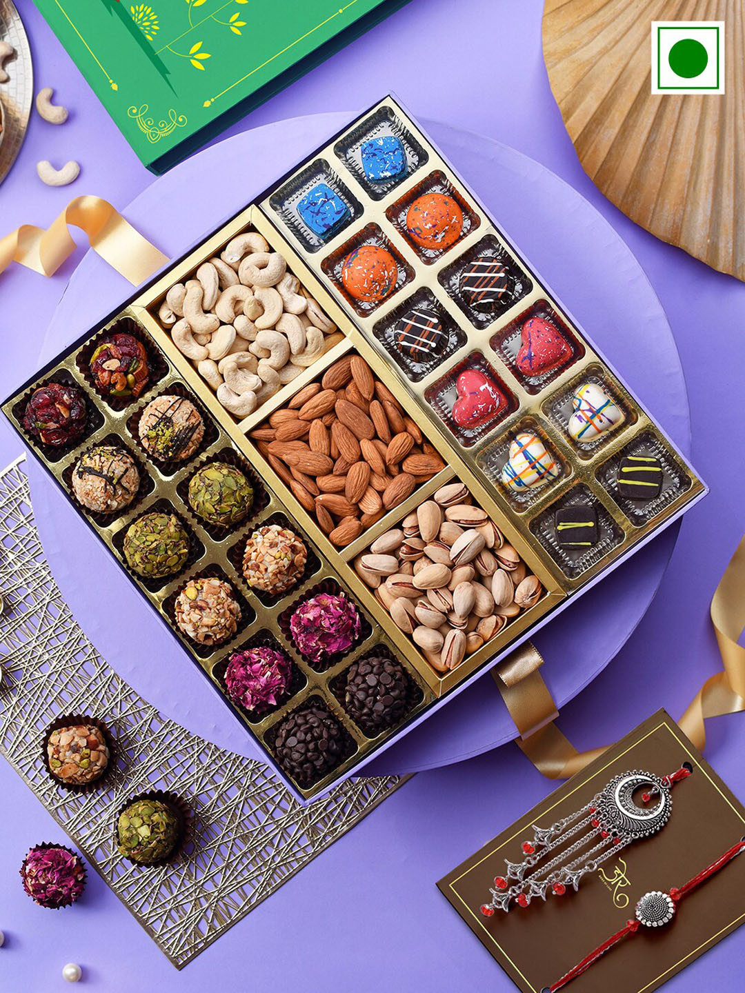 

RawFruit Set Of 2 Bhai Bhabhi Rakhi With Laddu, Chocolate & Dry Fruit Gift Set, Red