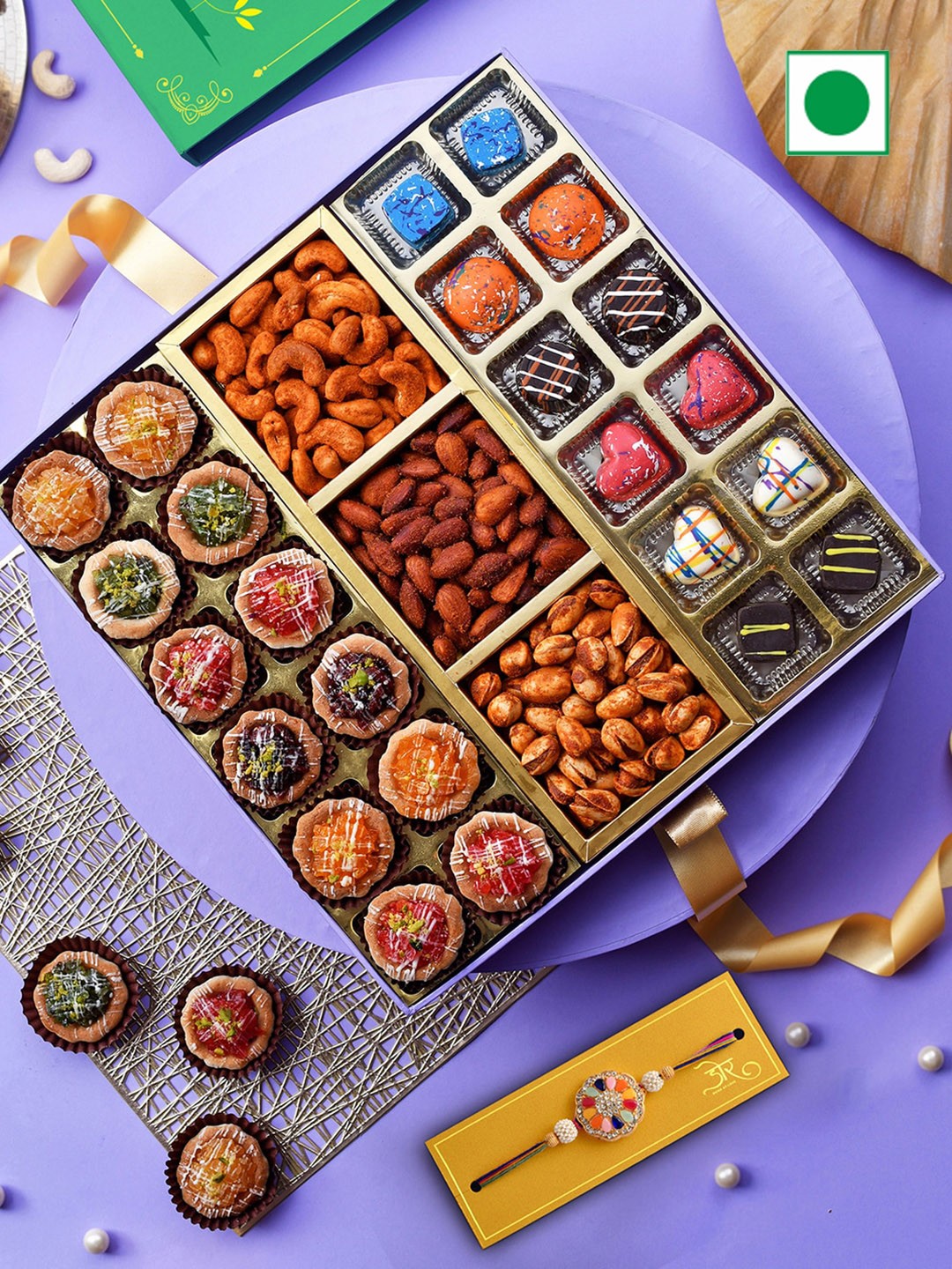 

RawFruit Tarts Chocolate And Roasted Dry Fruit With Rakhi 800gms, Blue