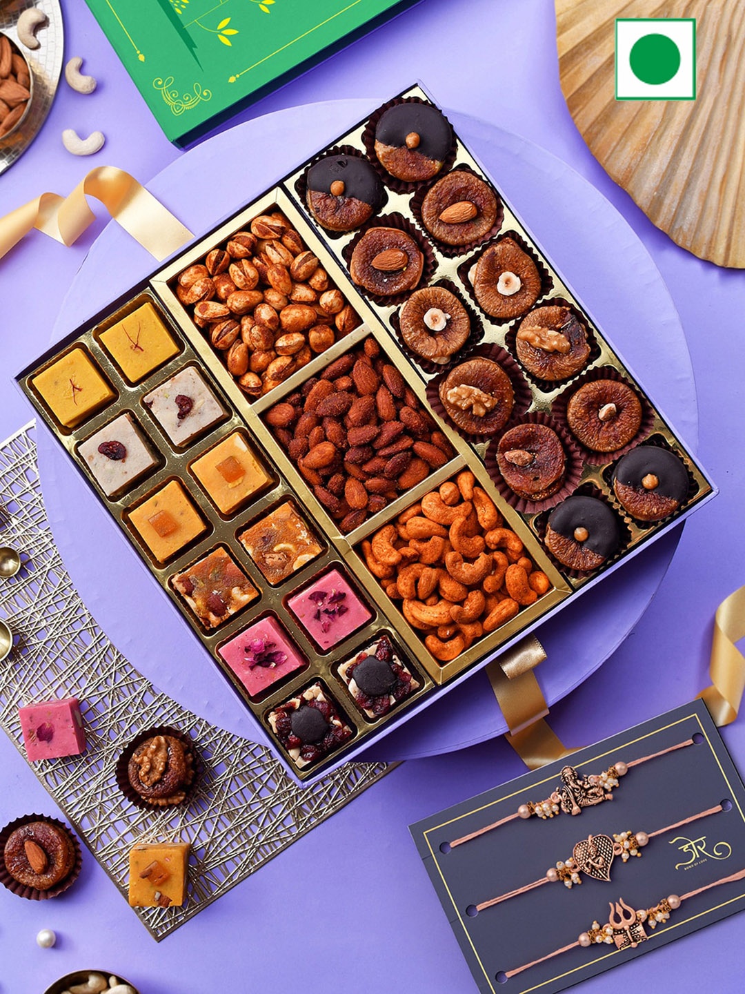 

RawFruit Set Of 3 Rakhi With Fudge, Figs & Roasted Dry Fruit Gift Set-800gms, Purple