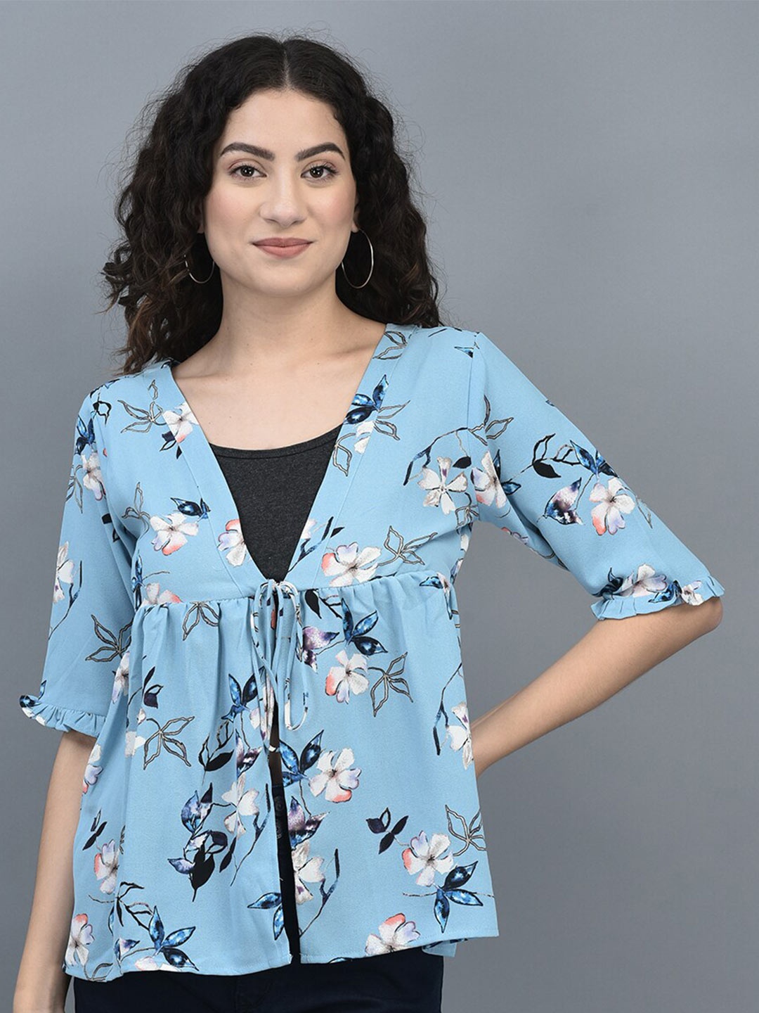 

CANOE Floral Printed Tie-Up Shrug, Blue