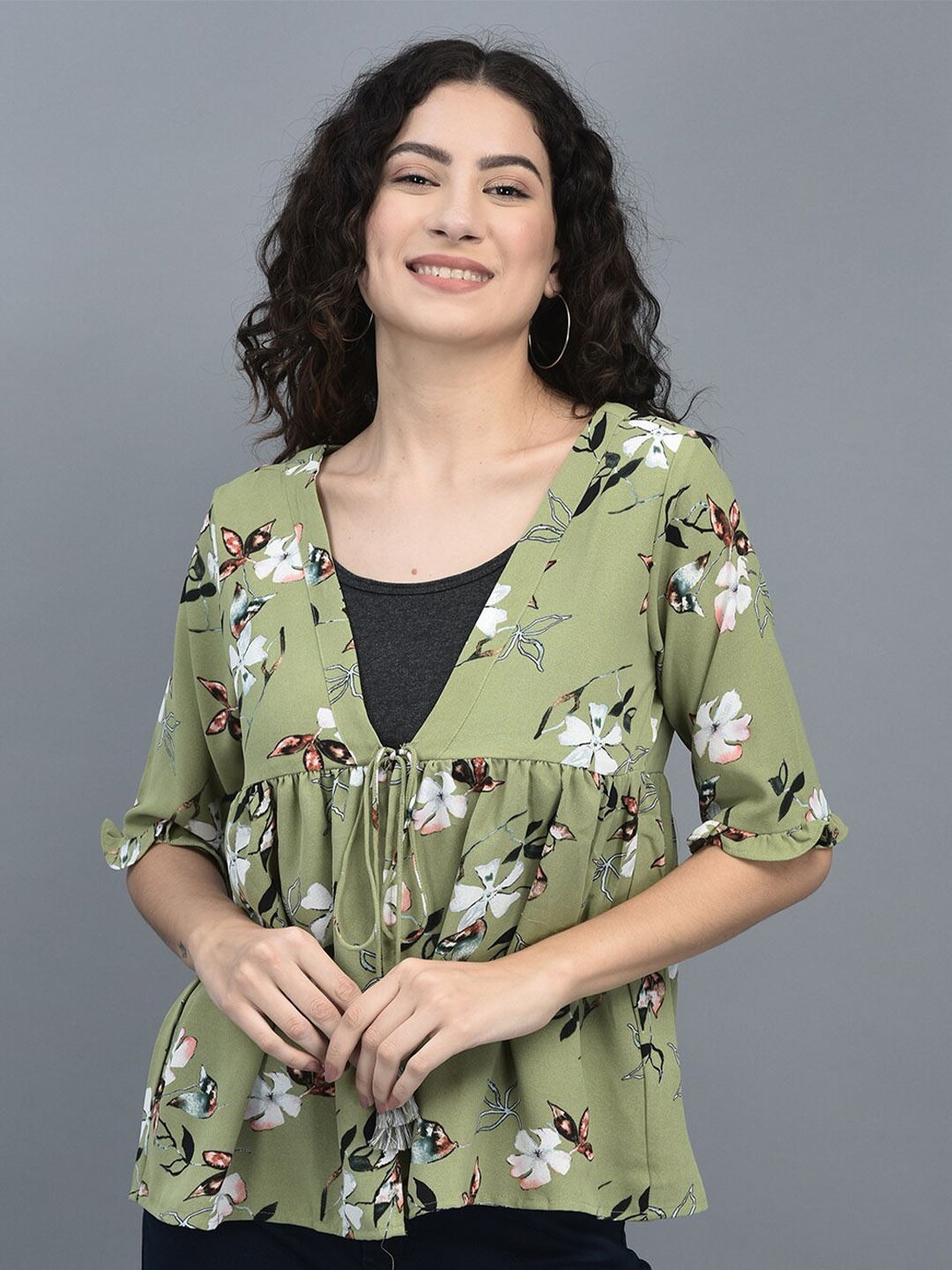 

CANOE Floral Printed Tie-Up Shrug, Green