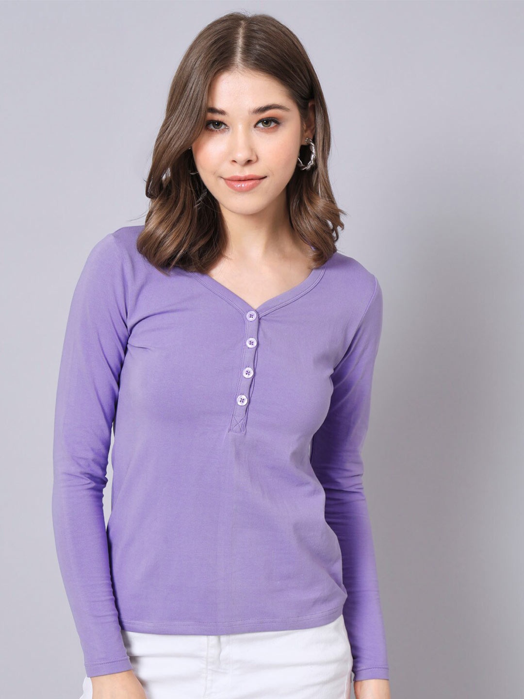 

The Dry State Lavender Henley Neck Cotton Casual T-shirt