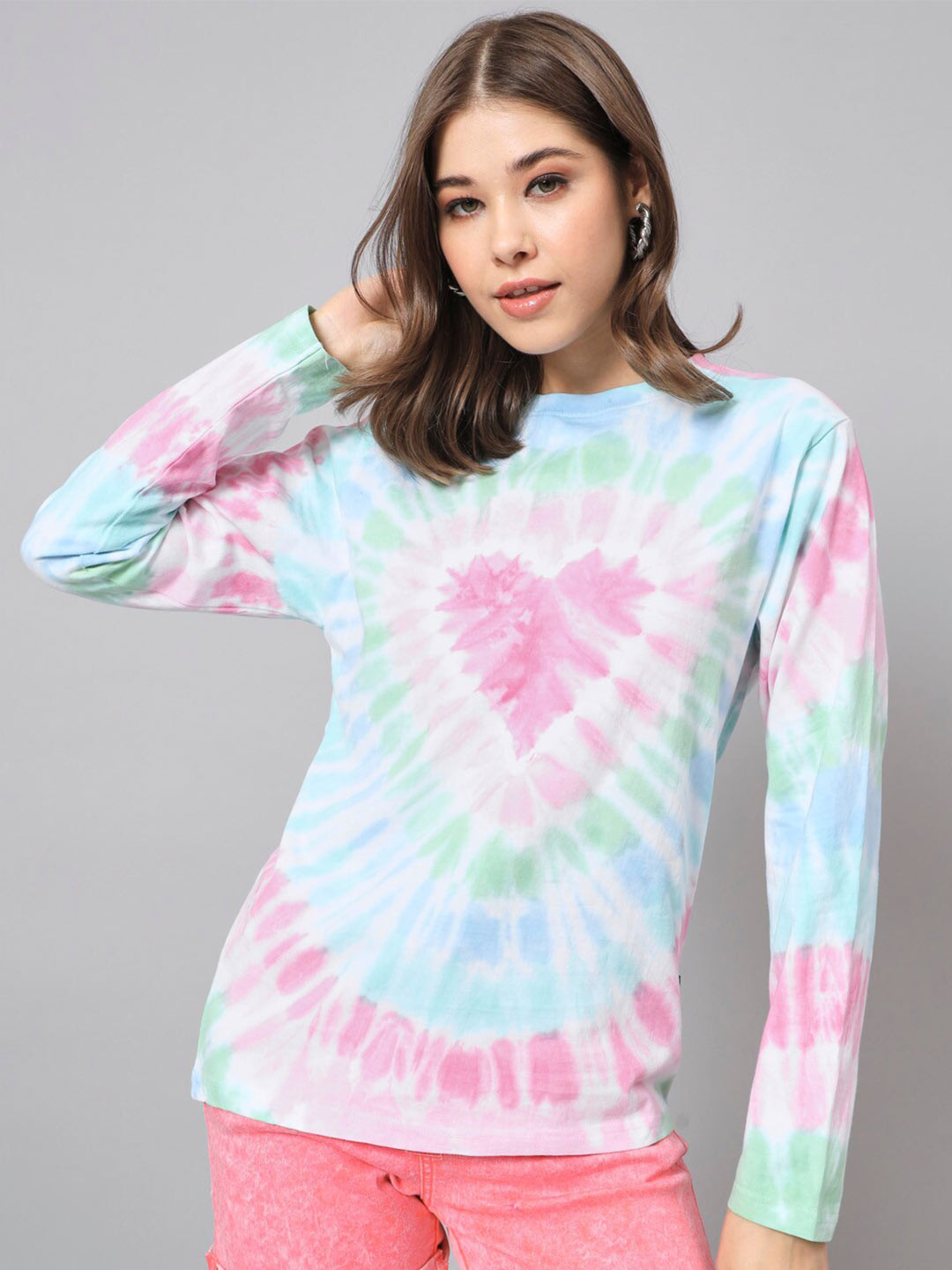 

The Dry State White & Pink Tie & Dye Dyed Loose Fit Cotton Casual T-Shirt