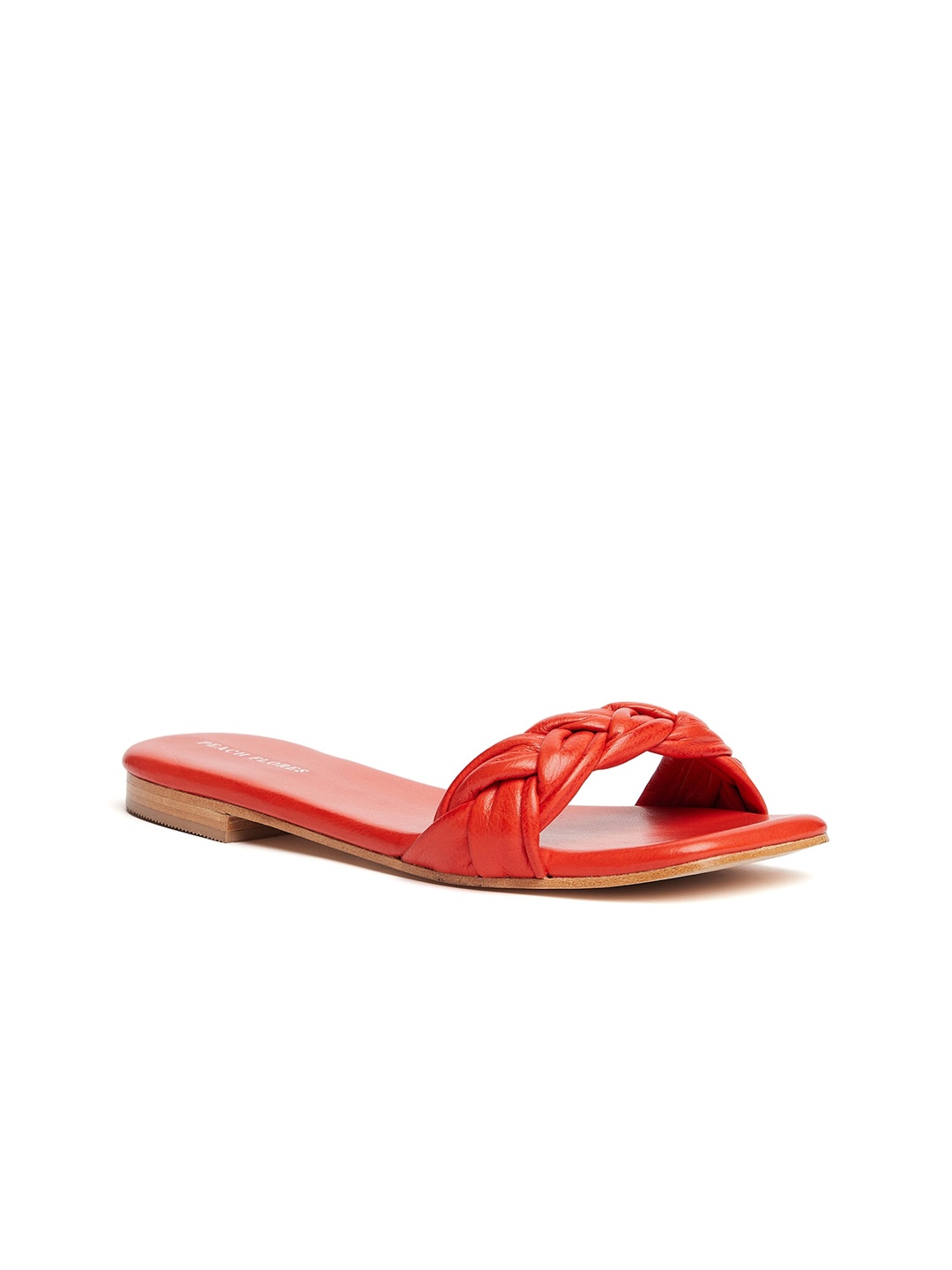 

Peach Flores Braided Strap Leather Open Toe Flats, Red