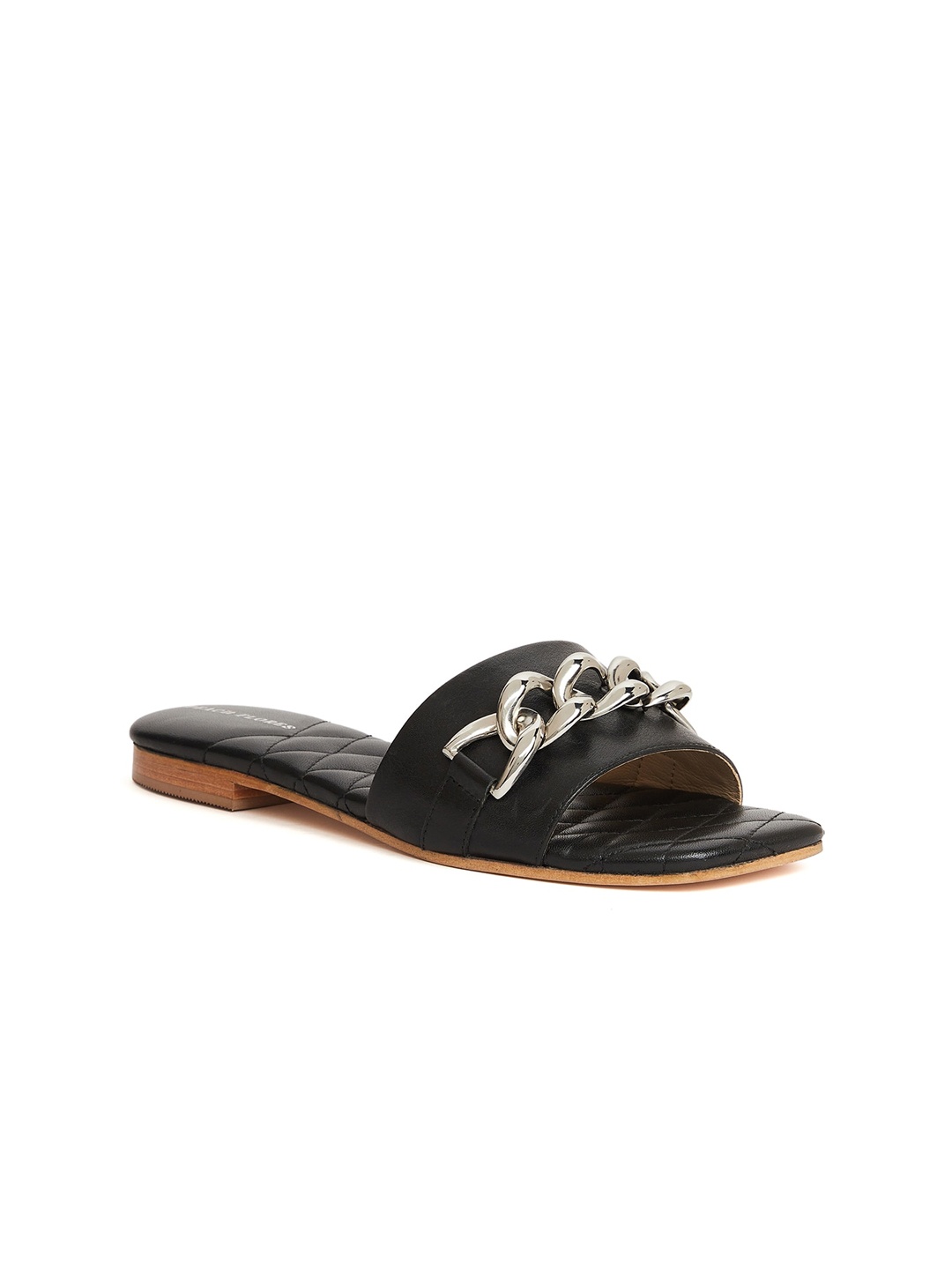 

Peach Flores Embellished Leather Open Toe Flats, Black
