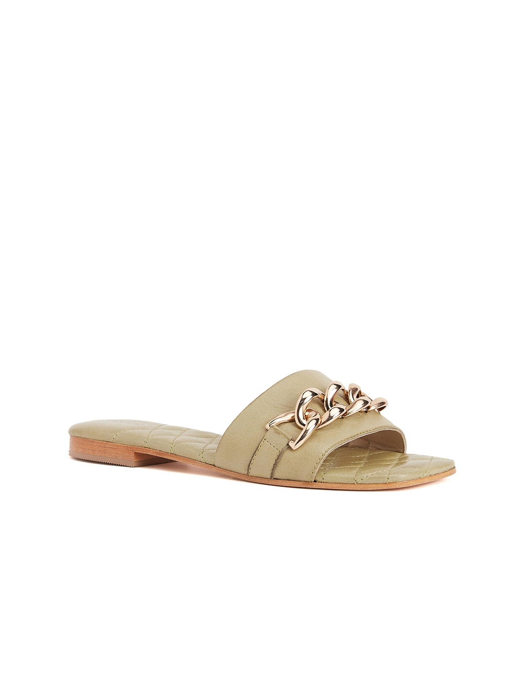 

Peach Flores Embellished Leather Open Toe Flats, Olive