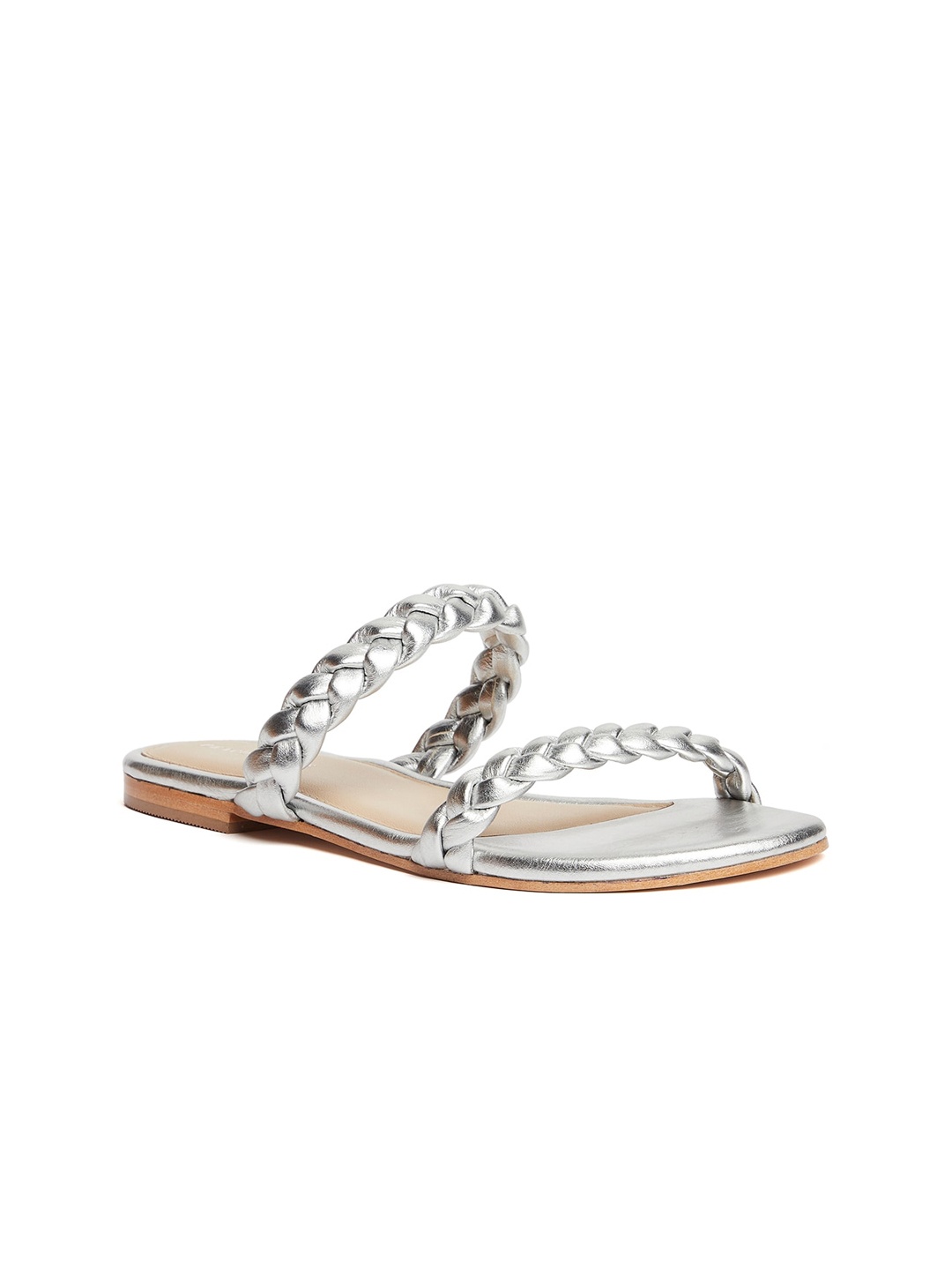 

Peach Flores Braided Straps Leather Open Toe Flats, Silver