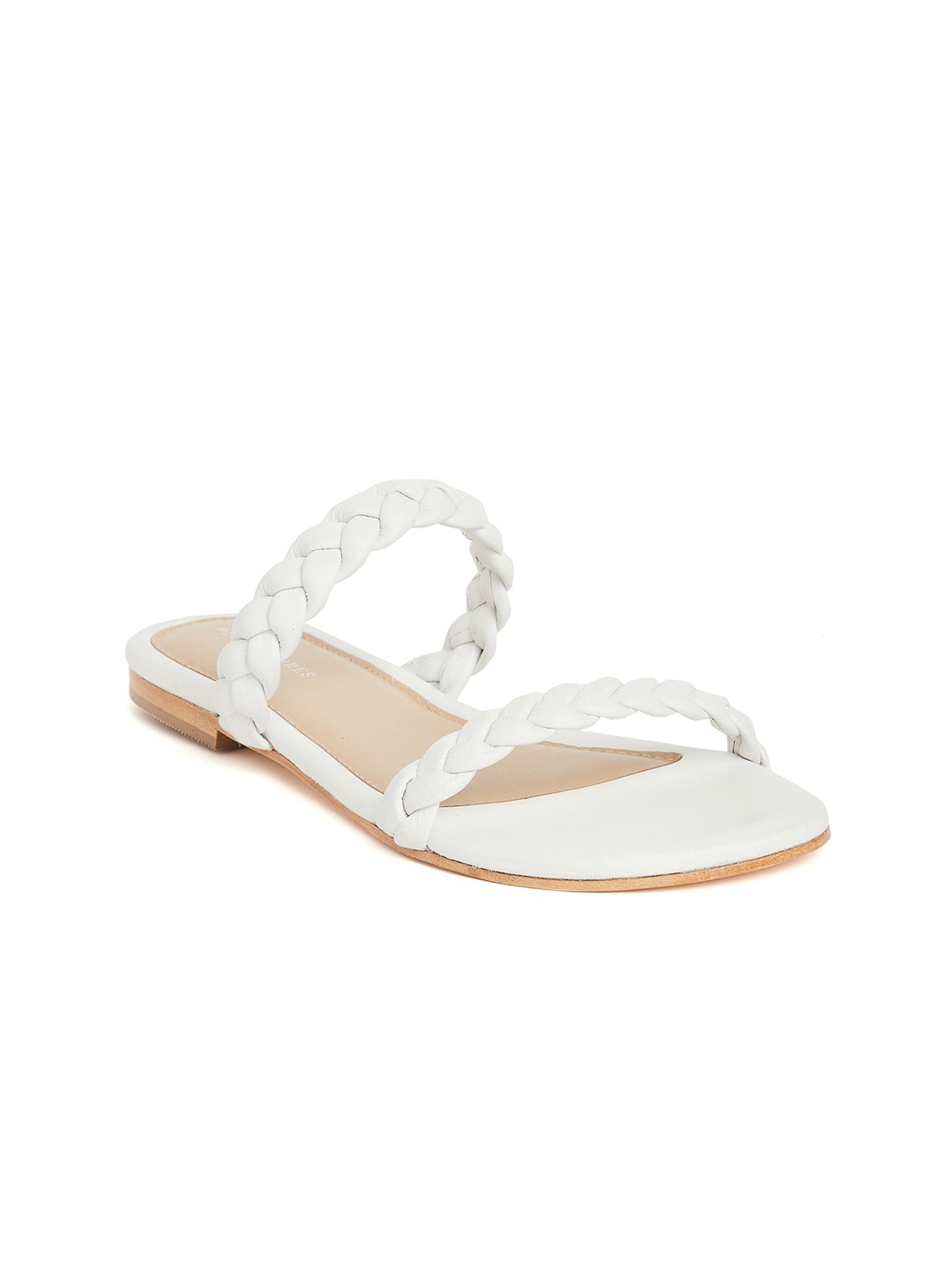 

Peach Flores Braided Strap Leather Open Toe Flats, White