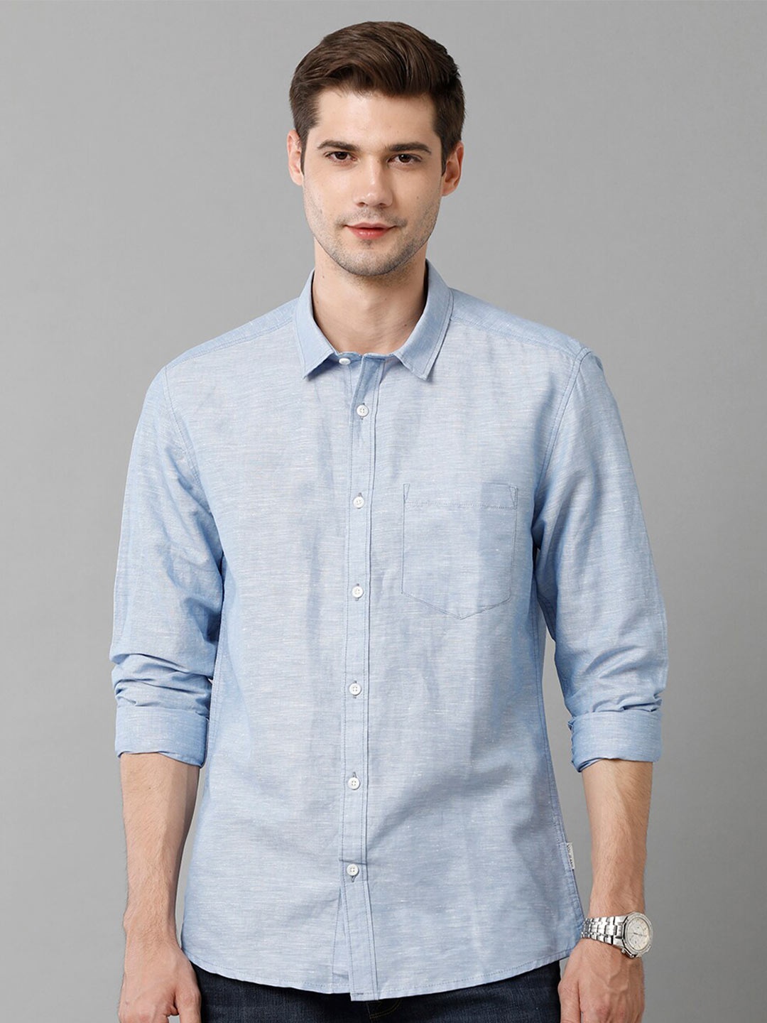 Voi Jeans Spread Collar Slim Fit Opaque Cotton Casual Shirt, Blue