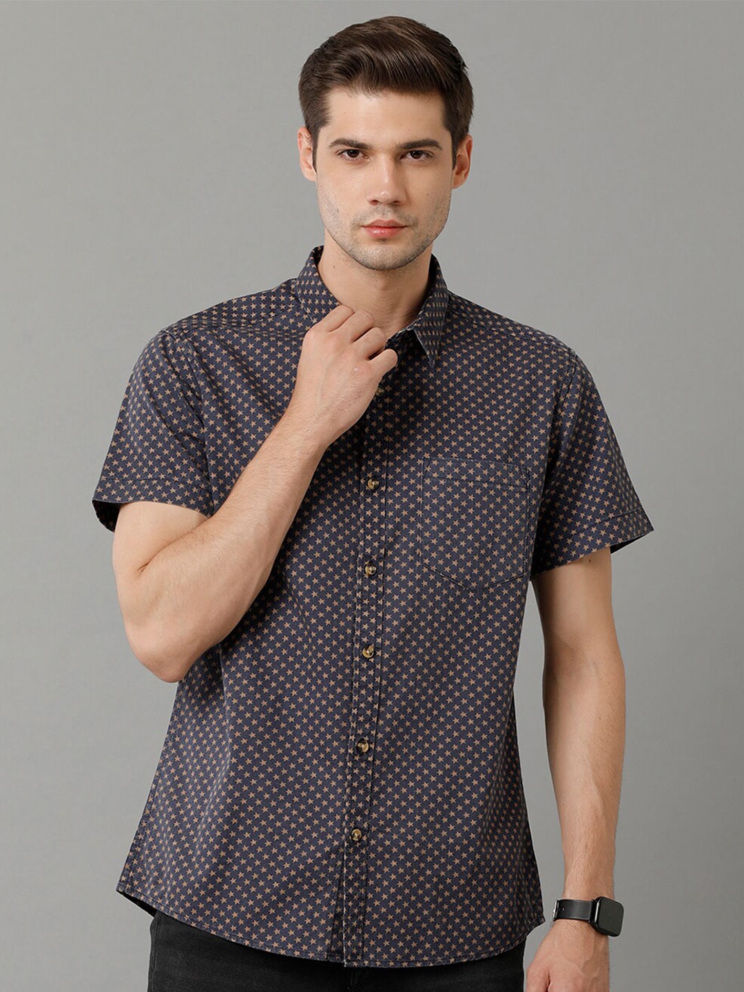 Voi Jeans Spread Collar Geometric Printed Slim Fit Opaque Cotton Casual Shirt, Blue