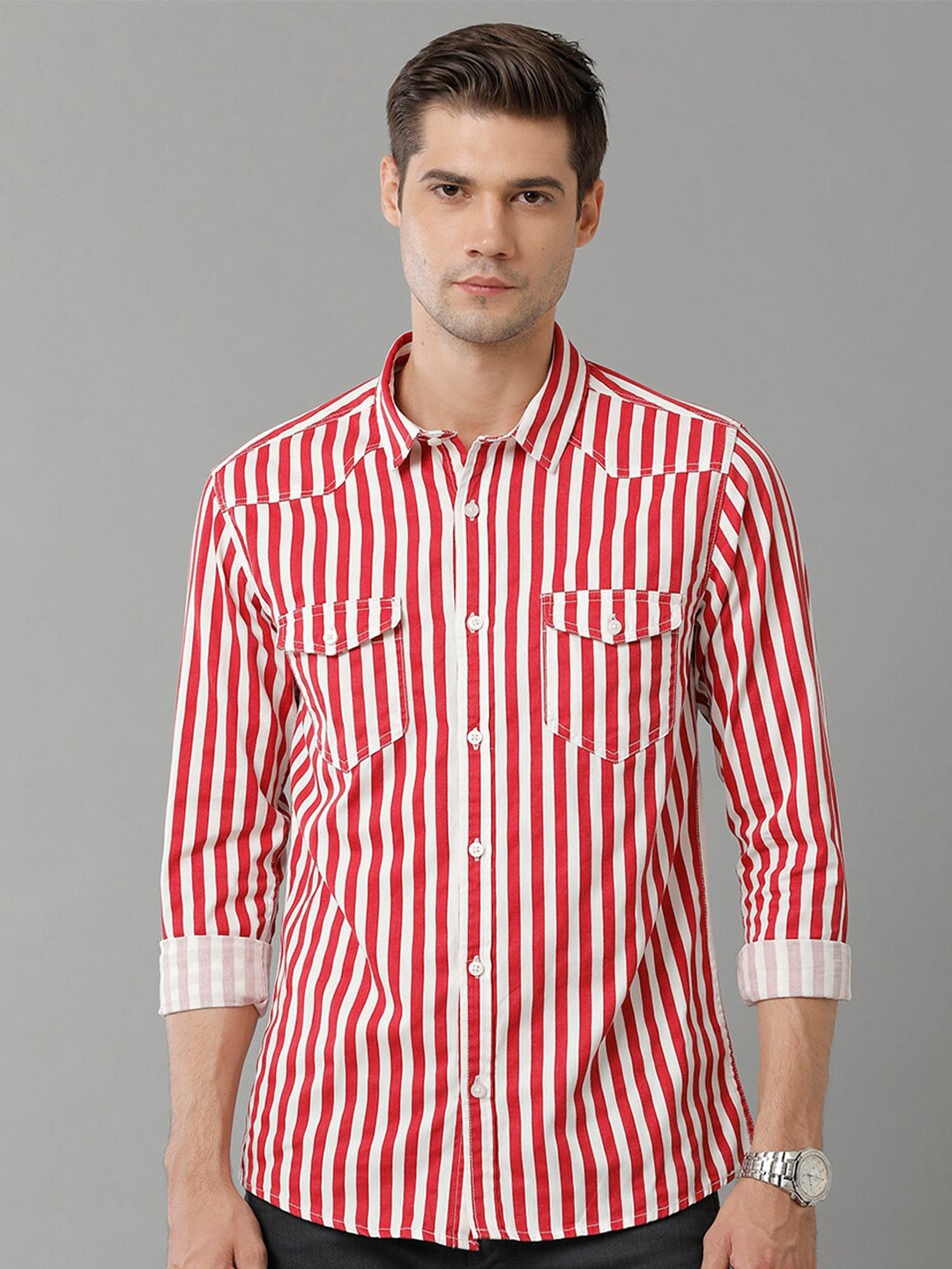 

Voi Jeans Spread Collar Striped Printed Slim Fit Opaque Cotton Casual Shirt, White
