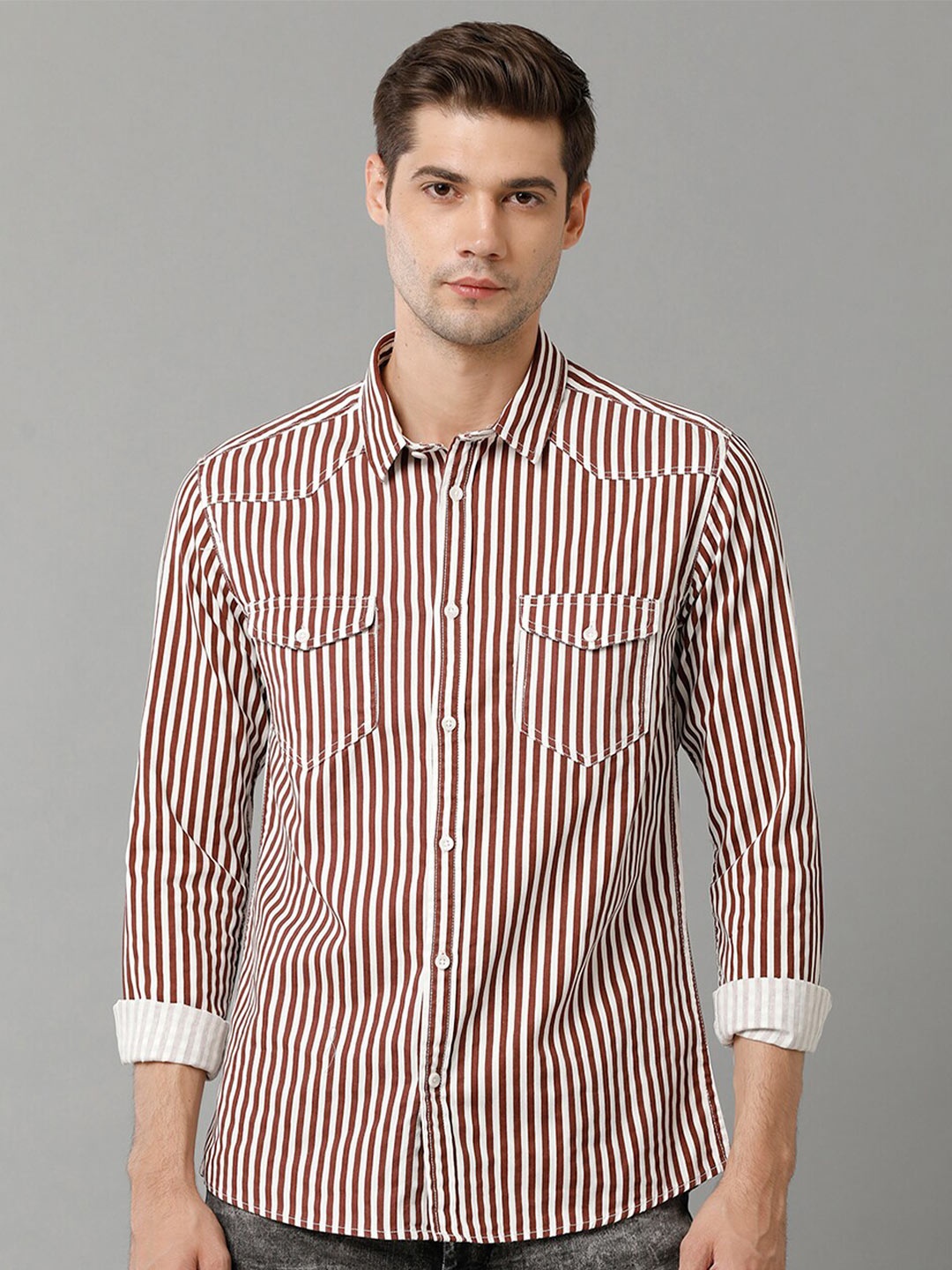 

Voi Jeans Slim Fit Vertical Stripes Pure Cotton Casual Shirt, White