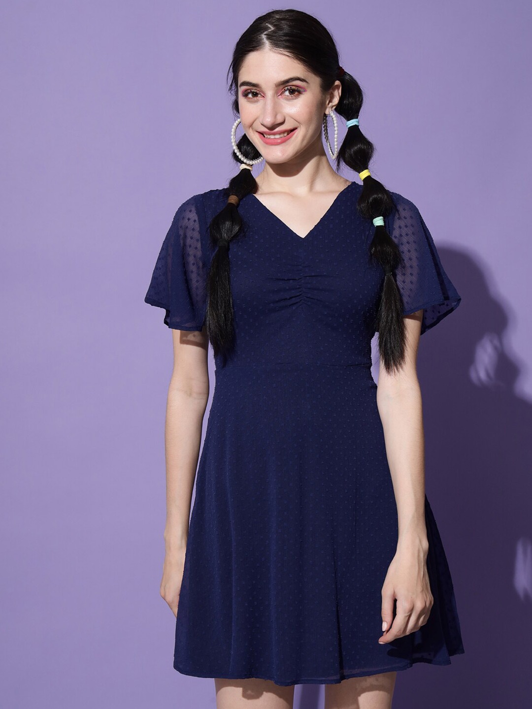 

Trend Arrest Self Design V-Neck Flared Sleeves Chiffon Fit & Flare Dress, Navy blue