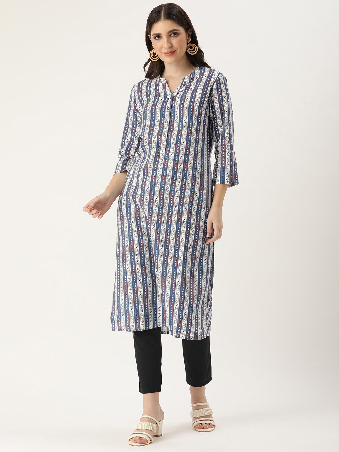 

AMUKTI Women Striped Straight Kurta, White