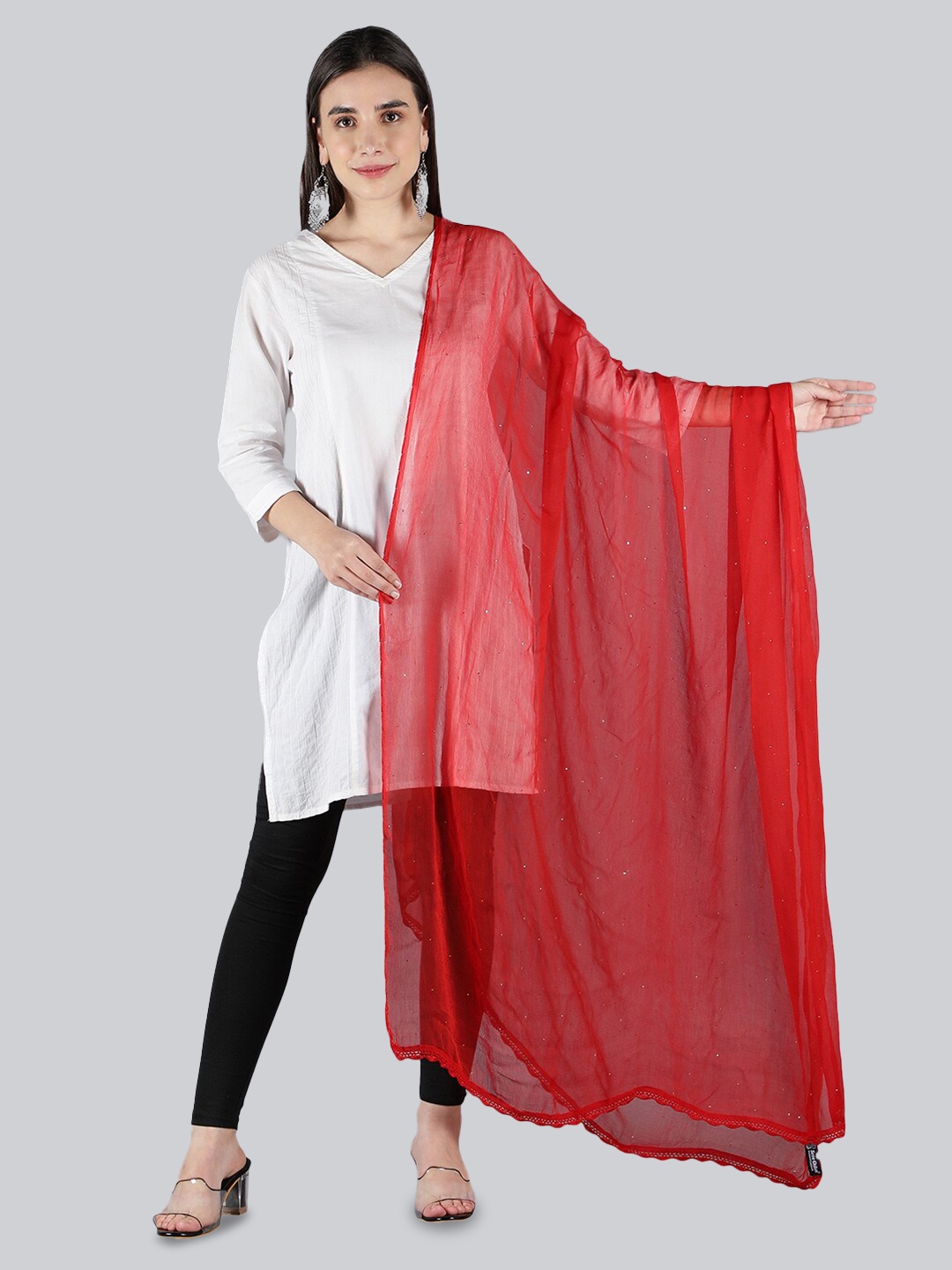 Seva Chikan Crochet Embroidered Dupatta with Mukaish, Red