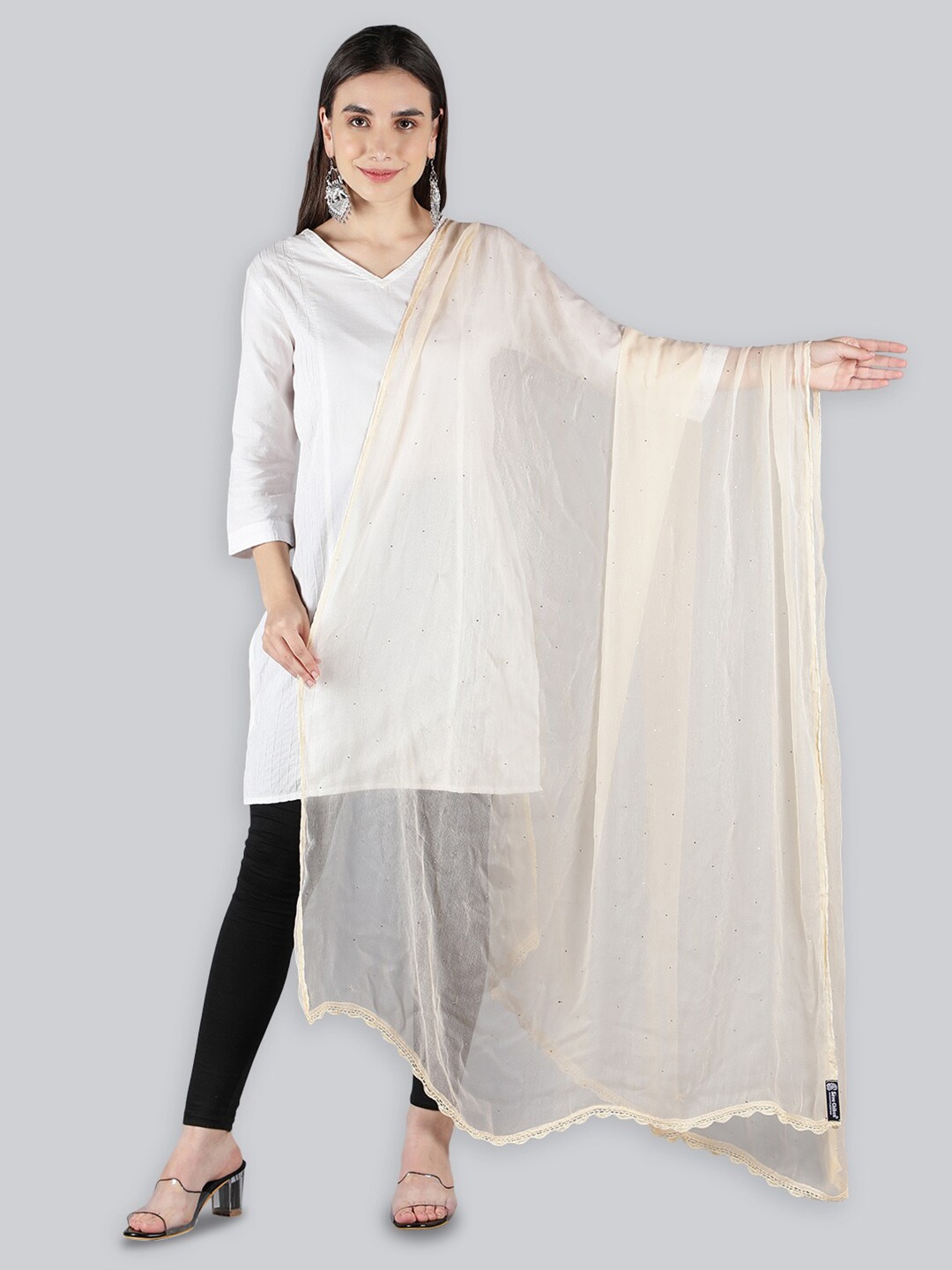 Seva Chikan Crochet Embroidered Dupatta with Mukaish, Beige