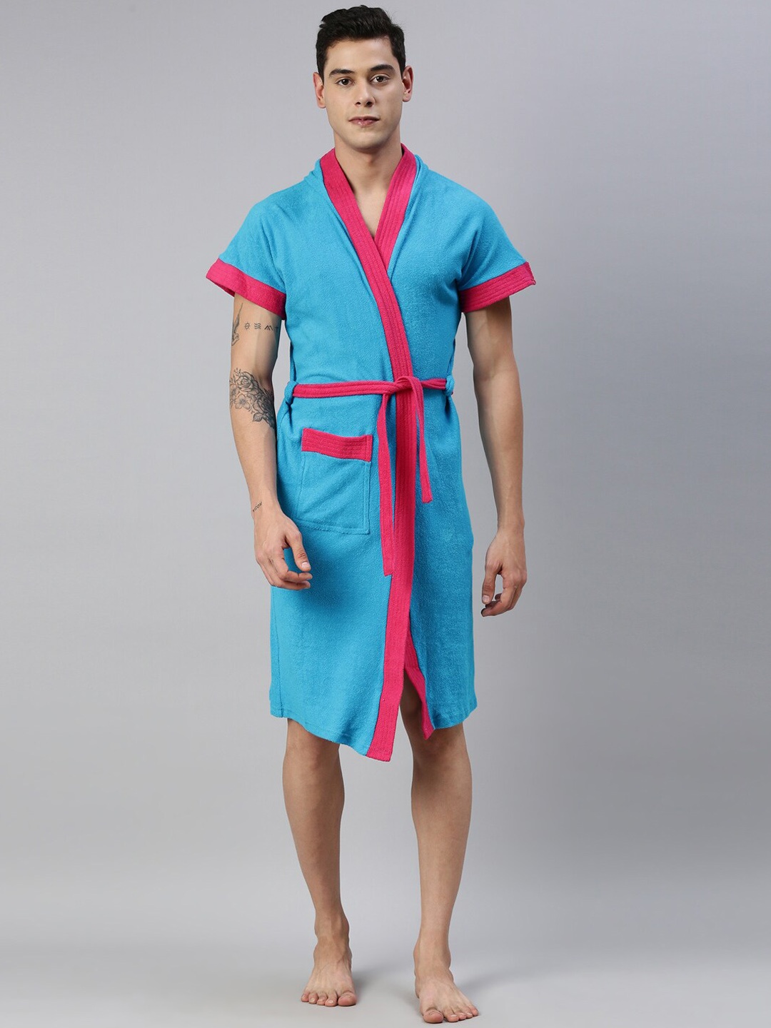GOLDSTROMS Men Knee-Length Hooded Cotton Bath Robe, Turquoise blue