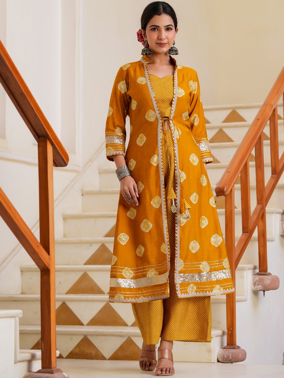 

Yufta Mustard Yellow Printed Top & Palazzo With Shrug